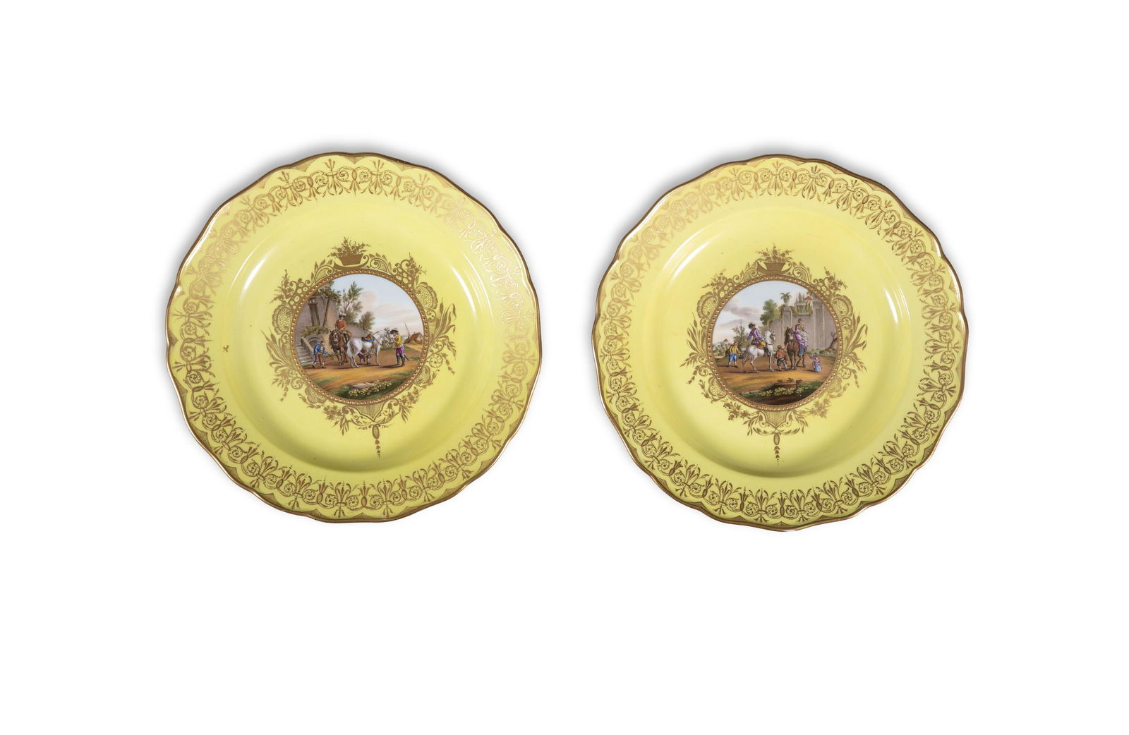 A PAIR OF MEISSEN YELLOW GROUND PLATES, the centre finely painted with 17th Century scenes of (1 of 2)