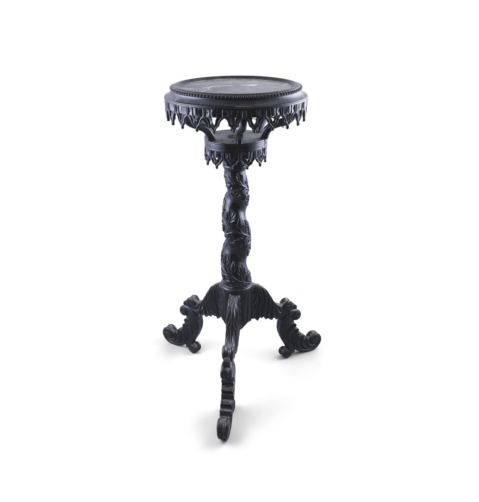 A VICTORIAN EBONY JARDINIERE STAND, in the Gothic Taste, with inset marble top, above spiral centre (1 of 1)