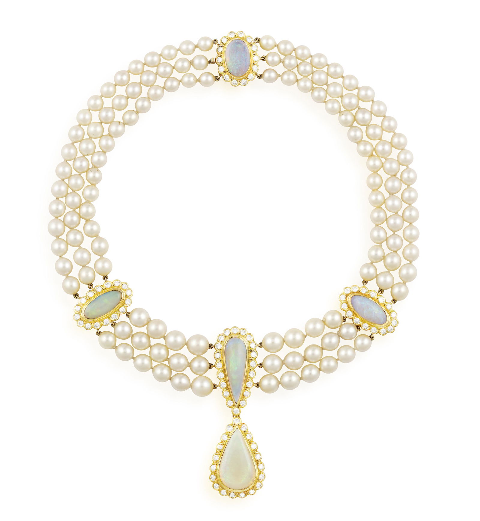 A CULTURED PEARL, OPAL AND DIAMOND NECKLACE  The graduated cultured pearls measuring approximately (1 of 5)