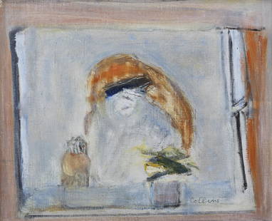 Patrick Collins HRHA (1910-1994) Old lady in window Oil on Canvas, 25.5 x 30.5cm (10 x 12) Signed: Patrick Collins HRHA (1910-1994) Old lady in window Oil on Canvas, 25.5 x 30.5cm (10 x 12) Signed Provenance: With Tom Caldwell Gallery, label verso.