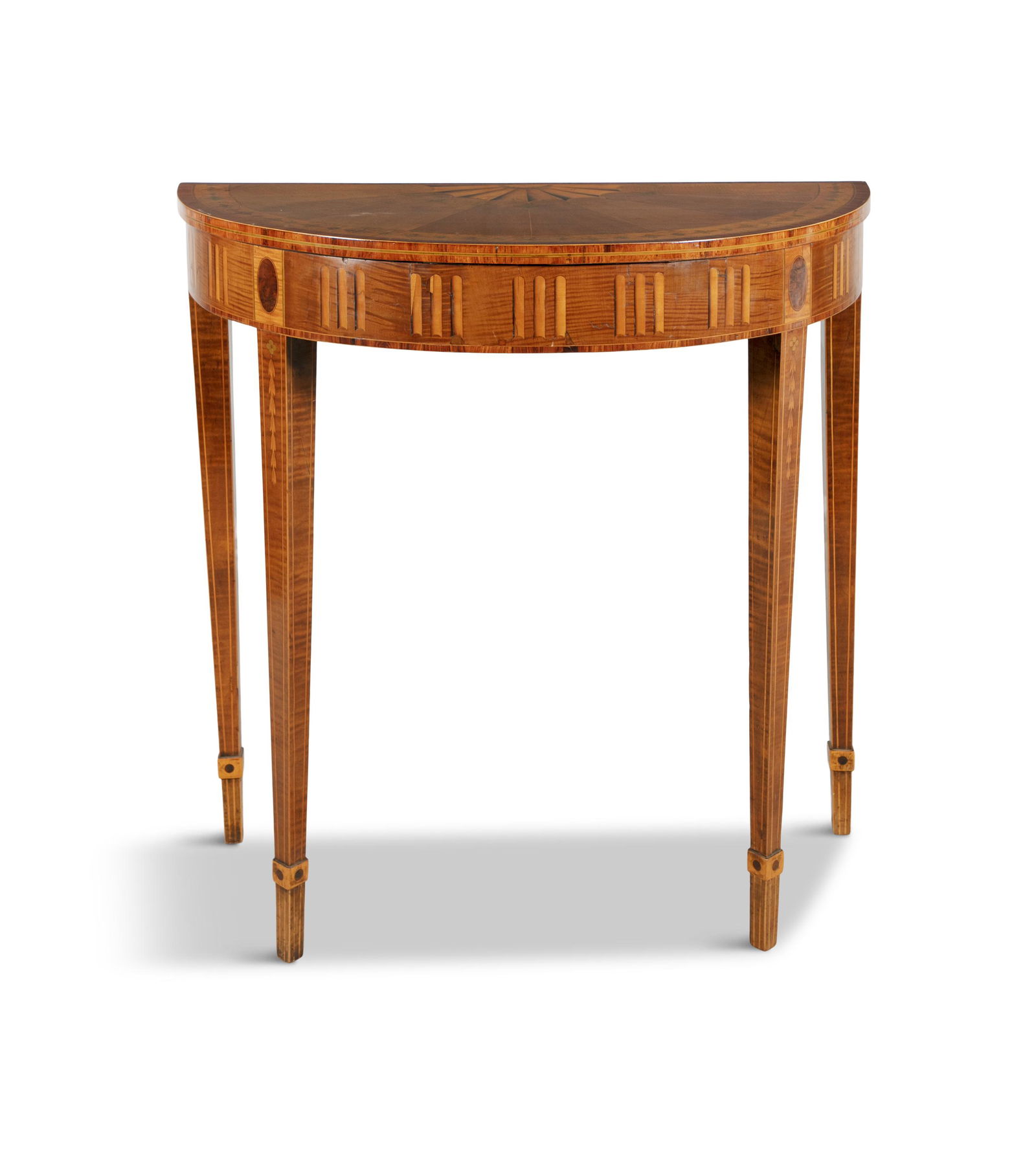 AN IRISH ROSEWOOD BANDED AND SYCAMORE VENEERED D-SHAPED PIER TABLE, c.1780 attributed to William: AN IRISH ROSEWOOD BANDED AND SYCAMORE VENEERED D-SHAPED PIER TABLE, c.1780 attributed to William Moore of Dublin, the fan inlaid top radiating from a half-paterae and with a satinwood banding filled w
