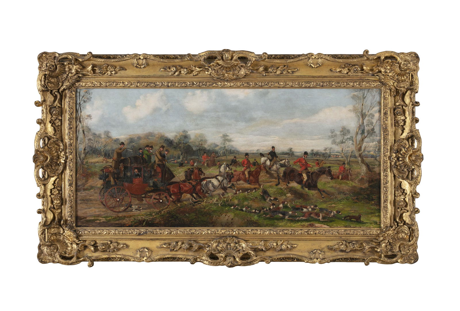 HENRY THOMAS ALKEN (1785 - 1851) A York to London coach and four crossing a hunt in tall cry Oil on (1 of 3)