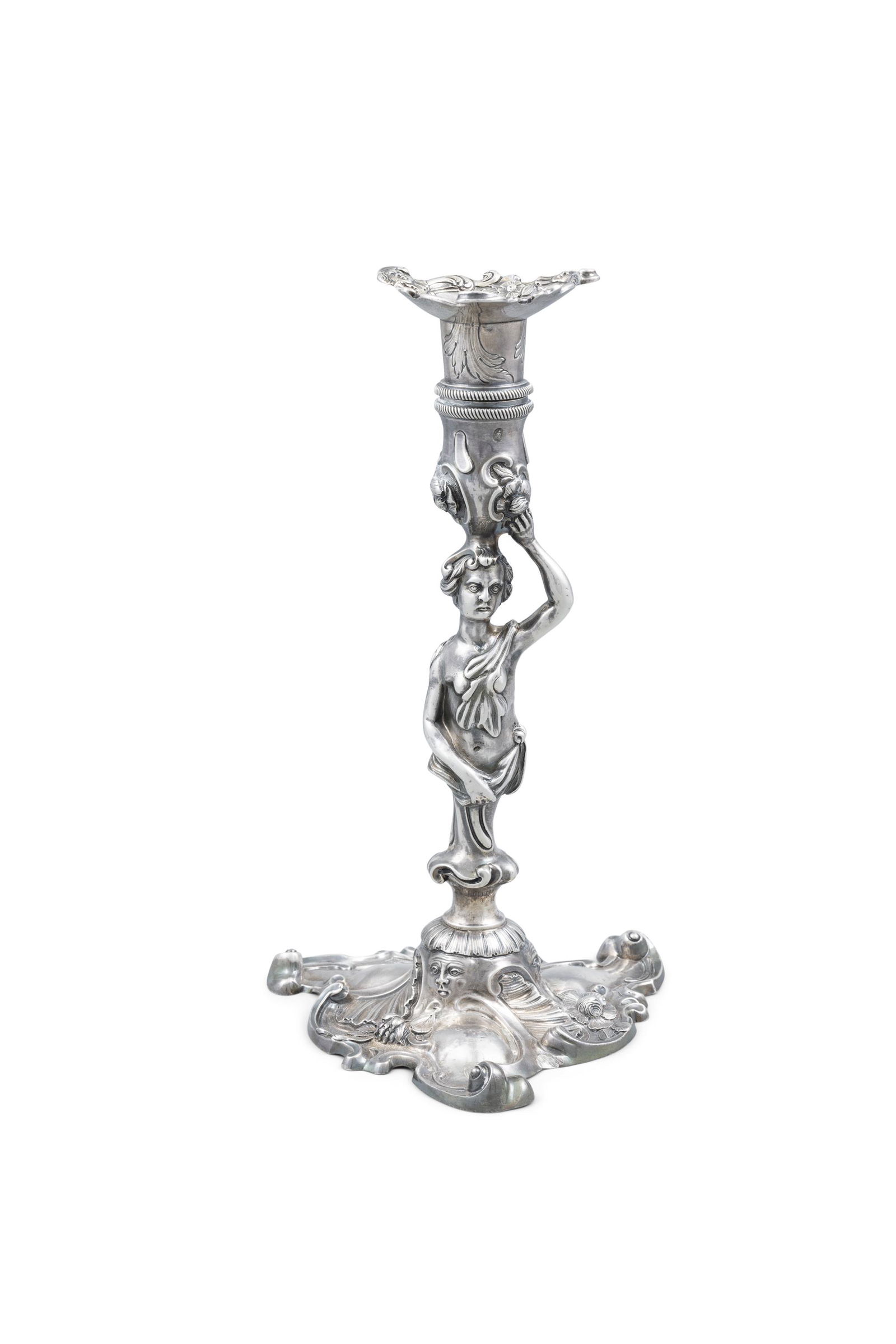 AN IRISH GEORGE III CAST SILVER FIGURAL CANDLESTICK IN THE ROCOCO TASTE, Dublin c.1770 (lacking: AN IRISH GEORGE III CAST SILVER FIGURAL CANDLESTICK IN THE ROCOCO TASTE, Dublin c.1770 (lacking date mark), by John Walker, the detachable drip pan decorated with scrolls and masks, above a classical