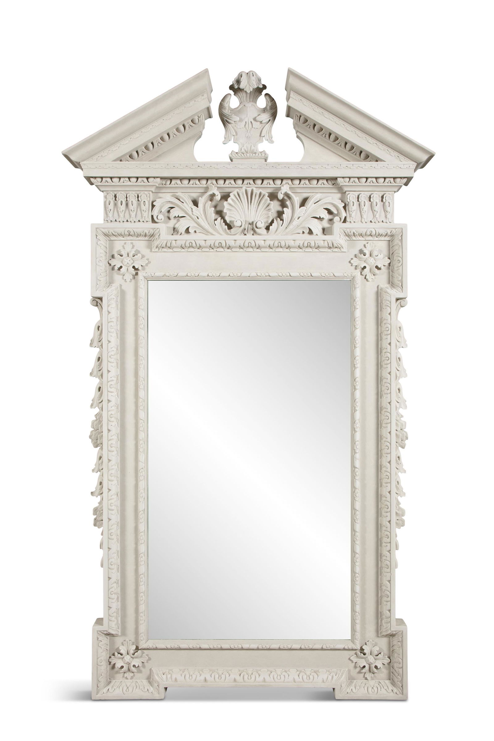 A PAIR OF GEORGE III STYLE PAINTED TIMBER MIRRORS IN THE MANNER OF WILLIAM KENT, the arched: A PAIR OF GEORGE III STYLE PAINTED TIMBER MIRRORS IN THE MANNER OF WILLIAM KENT, the arched pediments centred by a carved cartouche above a frieze and scallop shell and foliage, the rectangular plate