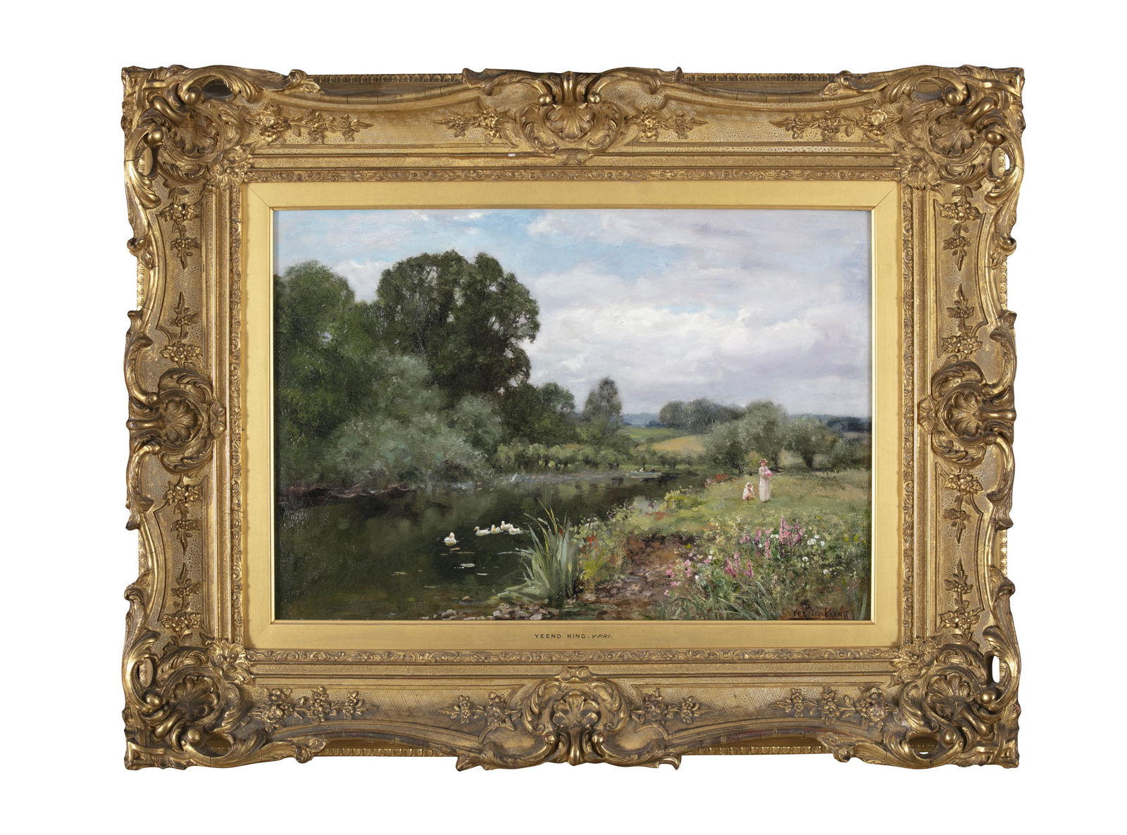 HENRY JOHN YEEND KING (1855 - 1924) An idyllic river landscape with woman and child Oil on panel, (1 of 4)