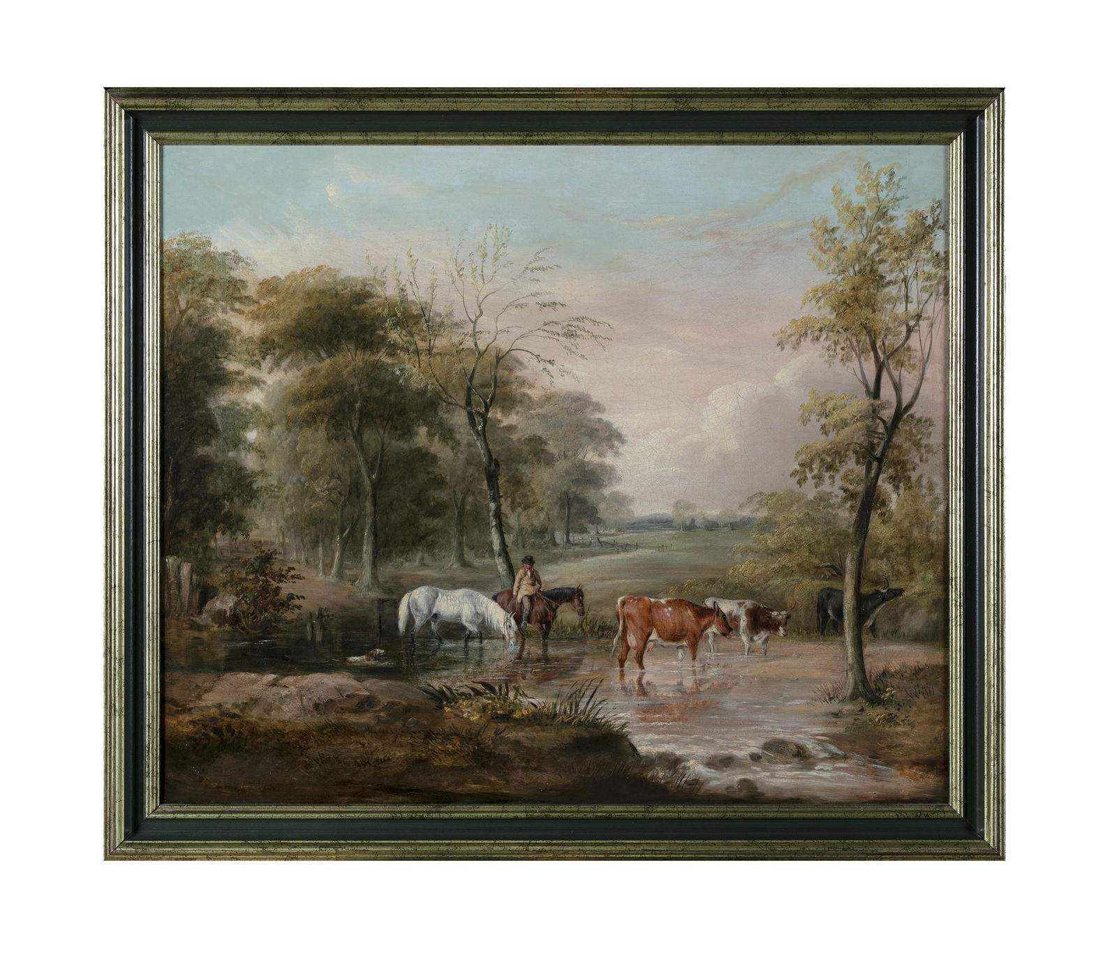 ENGLISH SCHOOL (19TH CENTURY) Huntsman watering horses and cattle in a wooded river landscape Oil on (1 of 3)