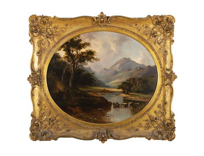 William Guy Wall (Irish/American 1792 - 1864) Extensive Mountainous Landscape, with figures on a: William Guy Wall (Irish/American 1792 - 1864) Extensive Mountainous Landscape, with figures on a bridge Oil on canvas, oval 62 x 75cm (24¼ x 29½) Signed lower left In original frame