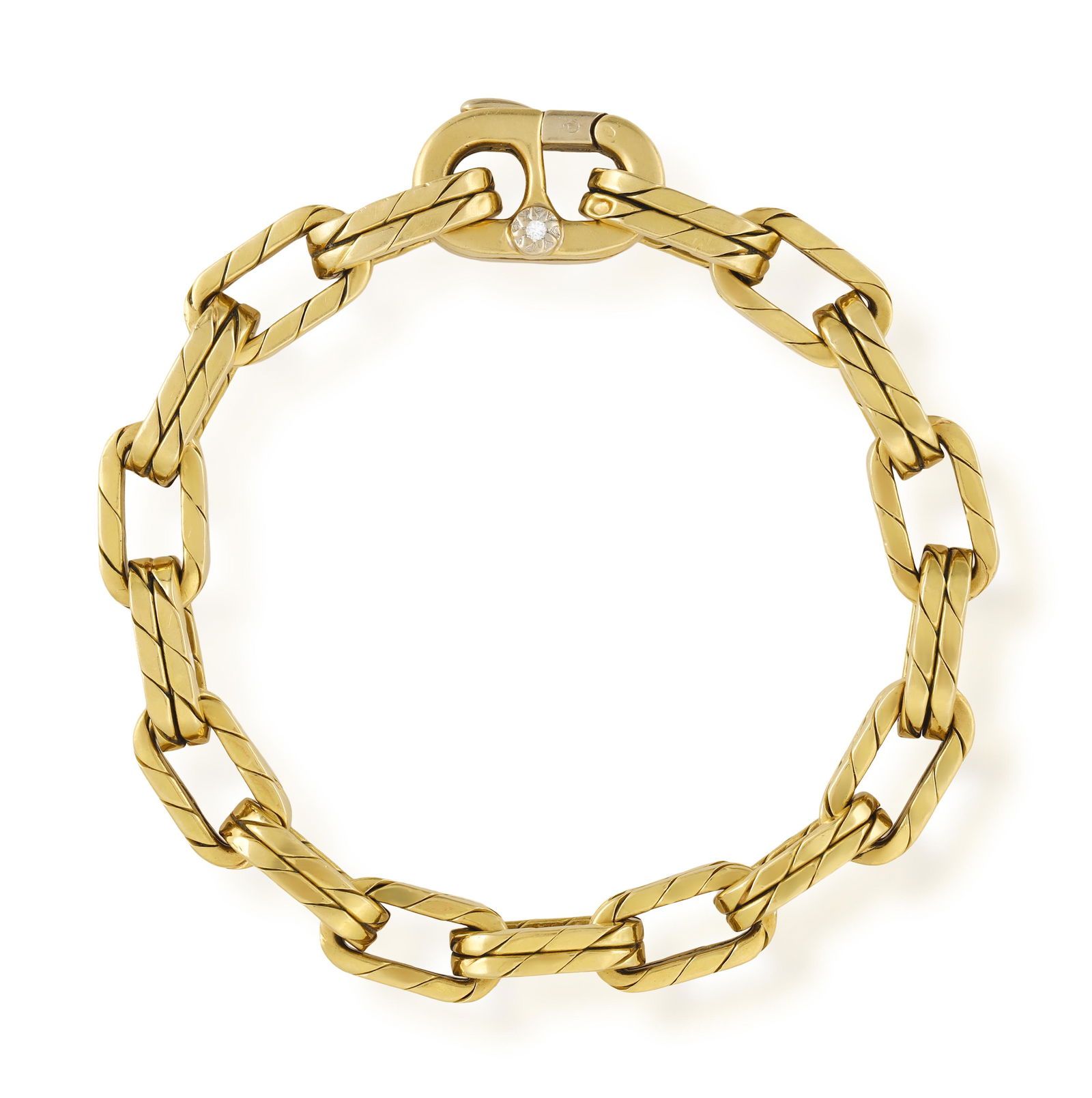 A GOLD AND DIAMOND BRACELET, BY CHIMENTO * This lot is sold without a reserve Composed of a: A GOLD AND DIAMOND BRACELET, BY CHIMENTO * This lot is sold without a reserve Composed of a fancy-link chain with reeded detailing throughout, the clasp highlighted with a brilliant-cut diamond, in 18