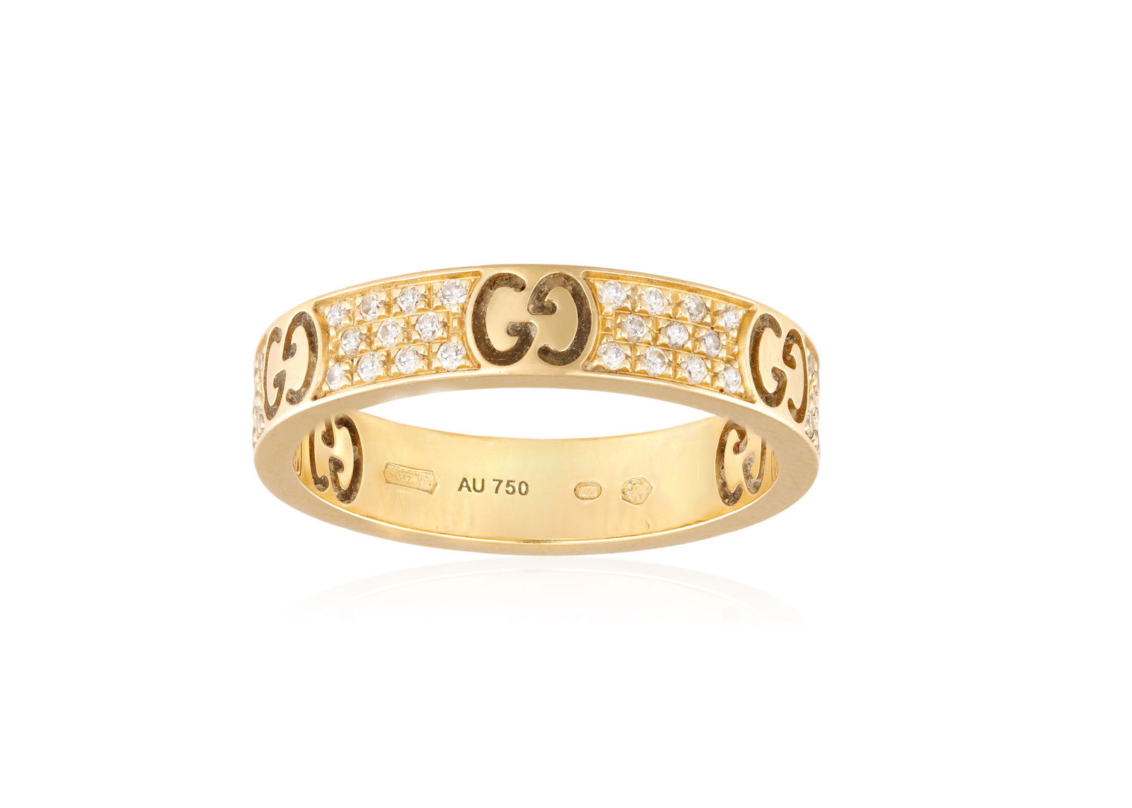 A DIAMOND RING BY GUCCI, the band engraved with 'Gucci' alternated with brilliant-cut diamonds, (1 of 1)