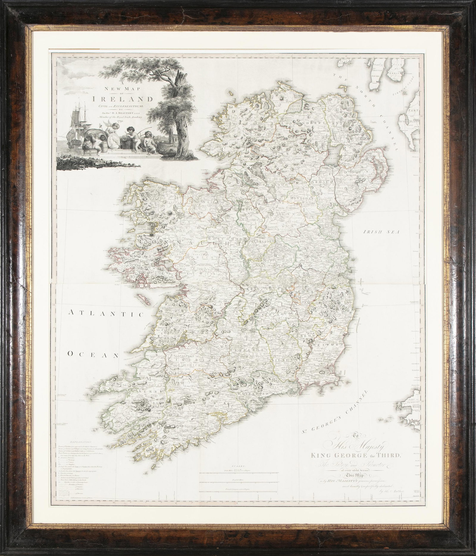 REV D.A BEAUFORT A New Map of Ireland Civil and Ecclesiastical by Rev D.A Beaufort, 1792, black: REV D.A BEAUFORT A New Map of Ireland Civil and Ecclesiastical by Rev D.A Beaufort, 1792, black and white with hand coloured 107 x 88cm