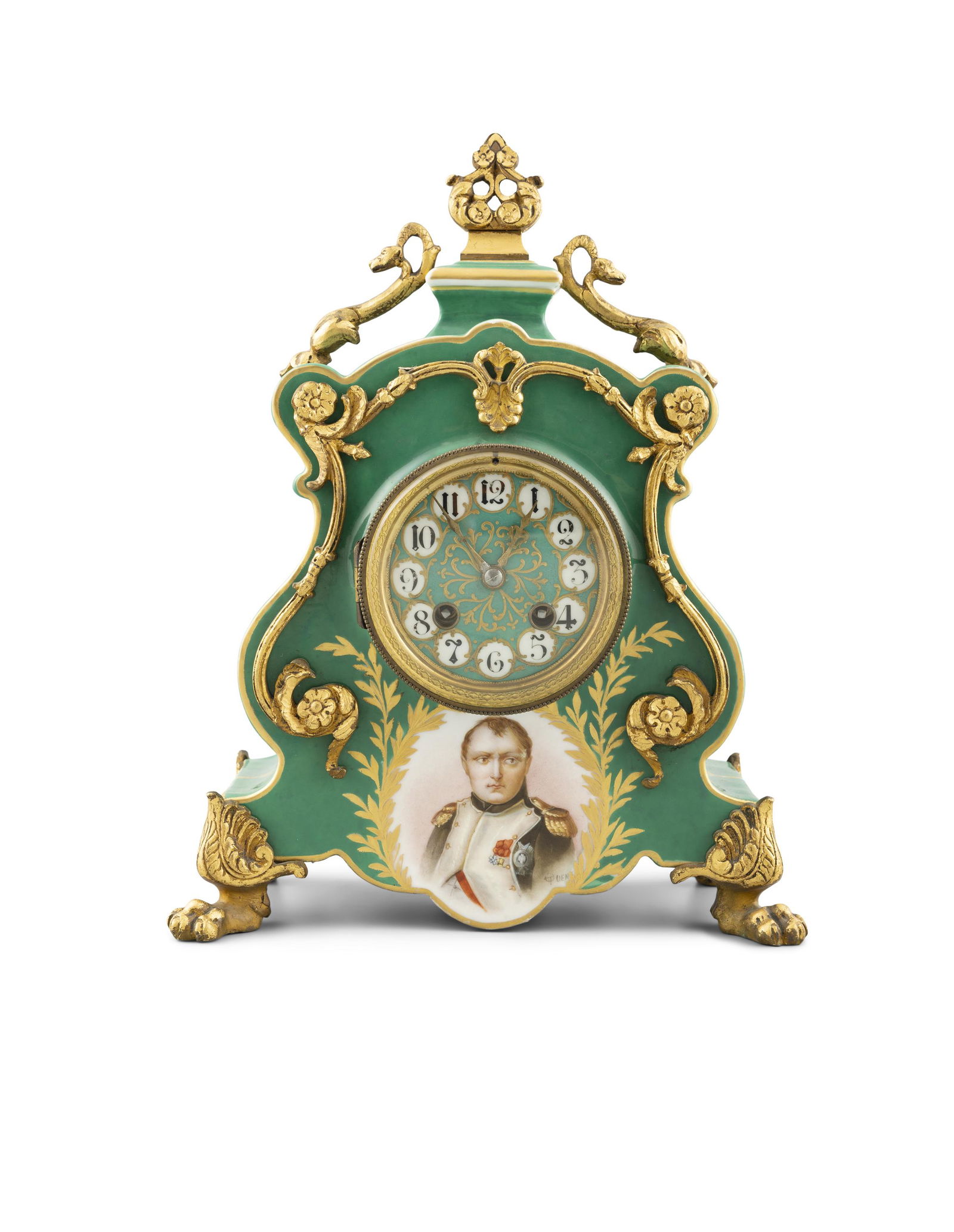 A FRENCH PORCELAIN AND GILT METAL MOUNTED MANTLE CLOCK  The arched top surmounted by gilt metal (1 of 3)