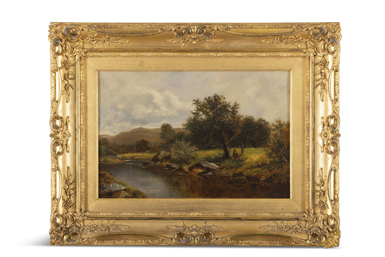 DAVID BATES (1840-1921) Figures by a stream in an extensive landscape Oil on canvas, 30.5 x 46cm: DAVID BATES (1840-1921) Figures by a stream in an extensive landscape Oil on canvas, 30.5 x 46cm Signed with initials lower left In a fine period swept frame