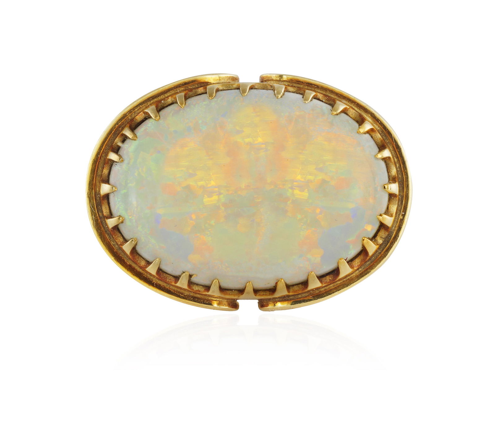 AN OPAL DRESS RING,   the oval-shaped opal within multiple claws to a plain polished gold hoop, (1 of 2)