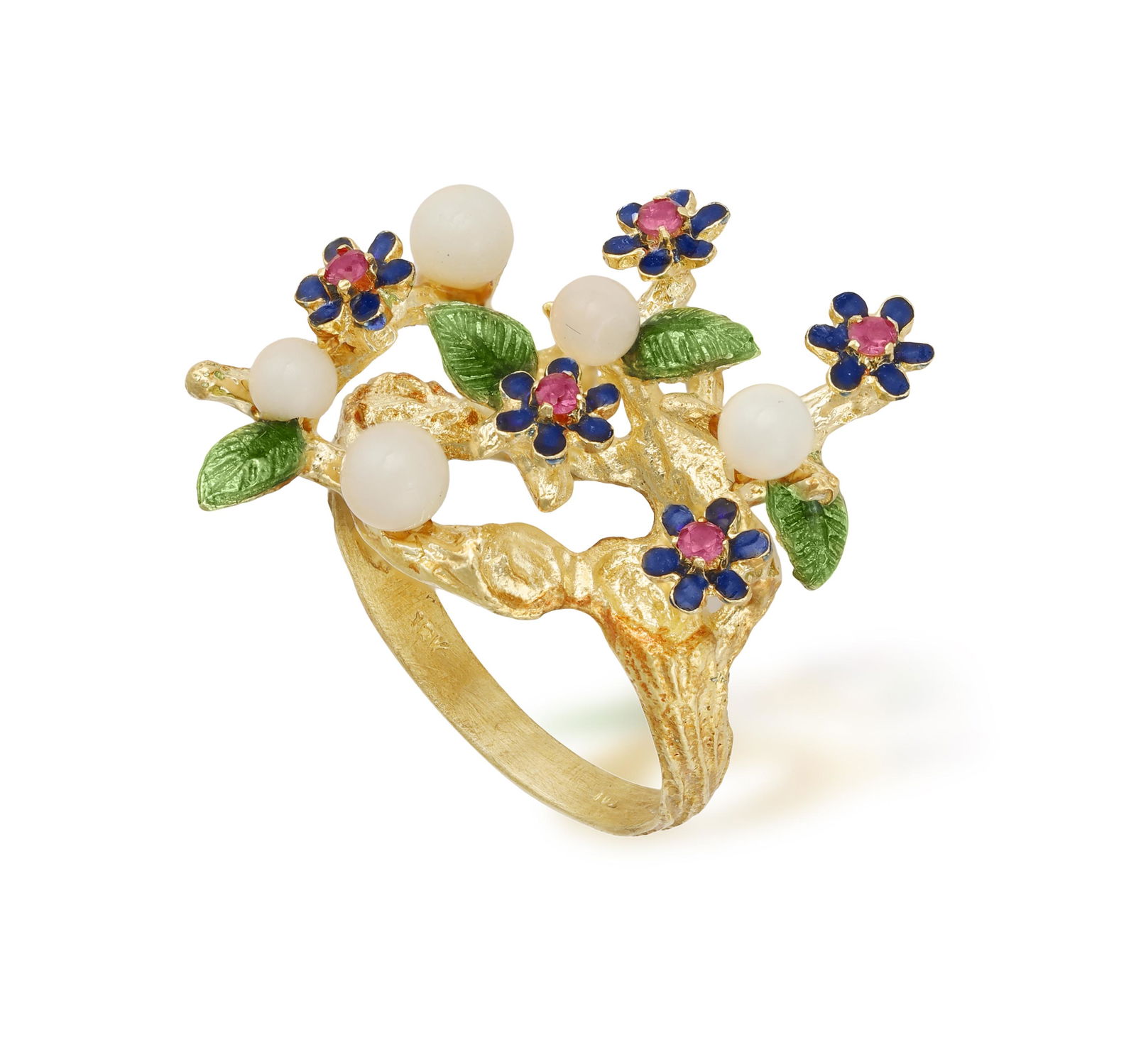 A FLOWER RING,   of foliate design with enamel accented with circular-cut red stones, to a textured (1 of 1)