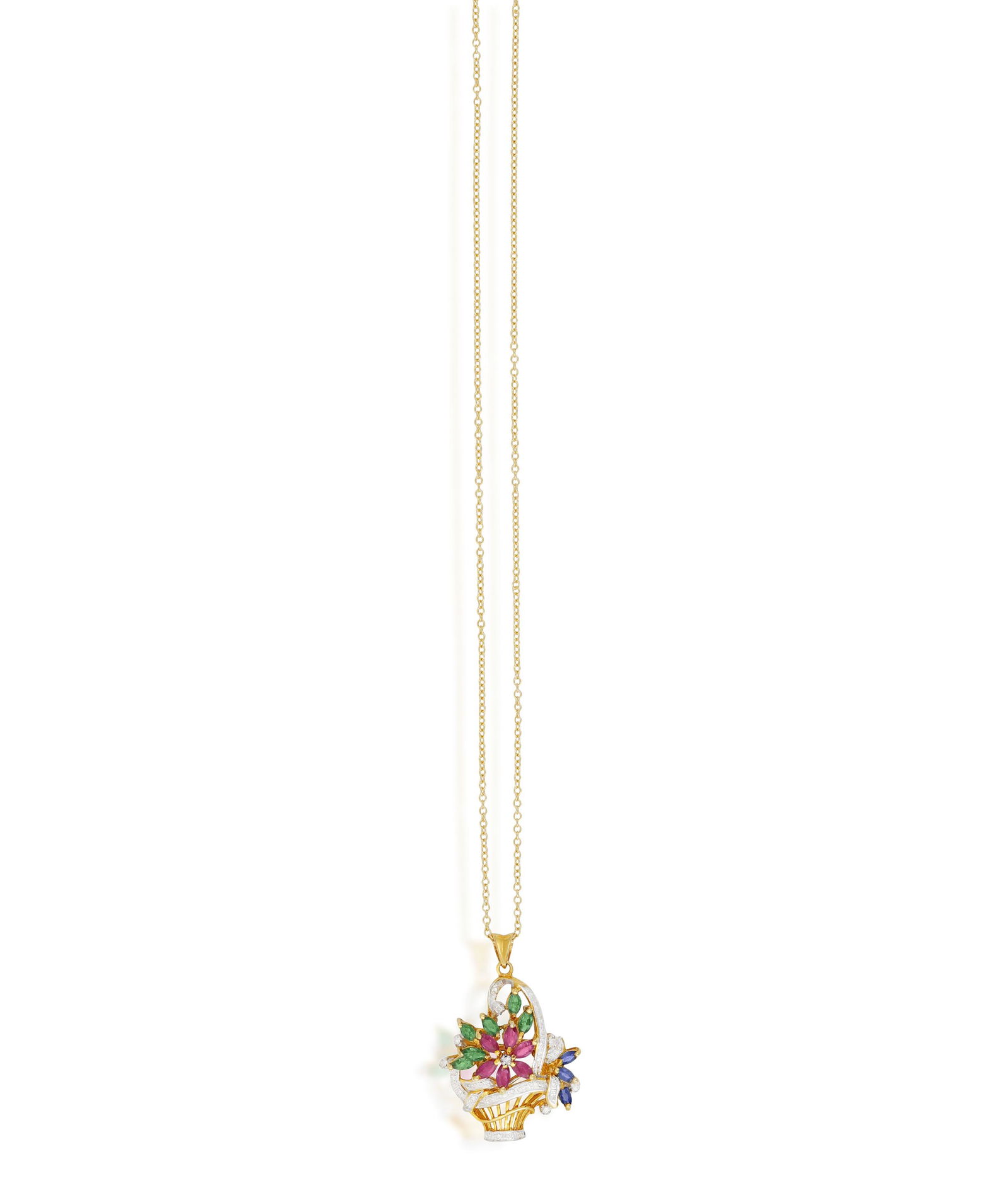 A GEM-SET PENDANT/BROOCH ON CHAIN, designed as a flower basket set with marquise-shaped pink: A GEM-SET PENDANT/BROOCH ON CHAIN, designed as a flower basket set with marquise-shaped pink sapphires, blue sapphires and emeralds, accented with single-cut diamonds, suspending from a fine trace-lin