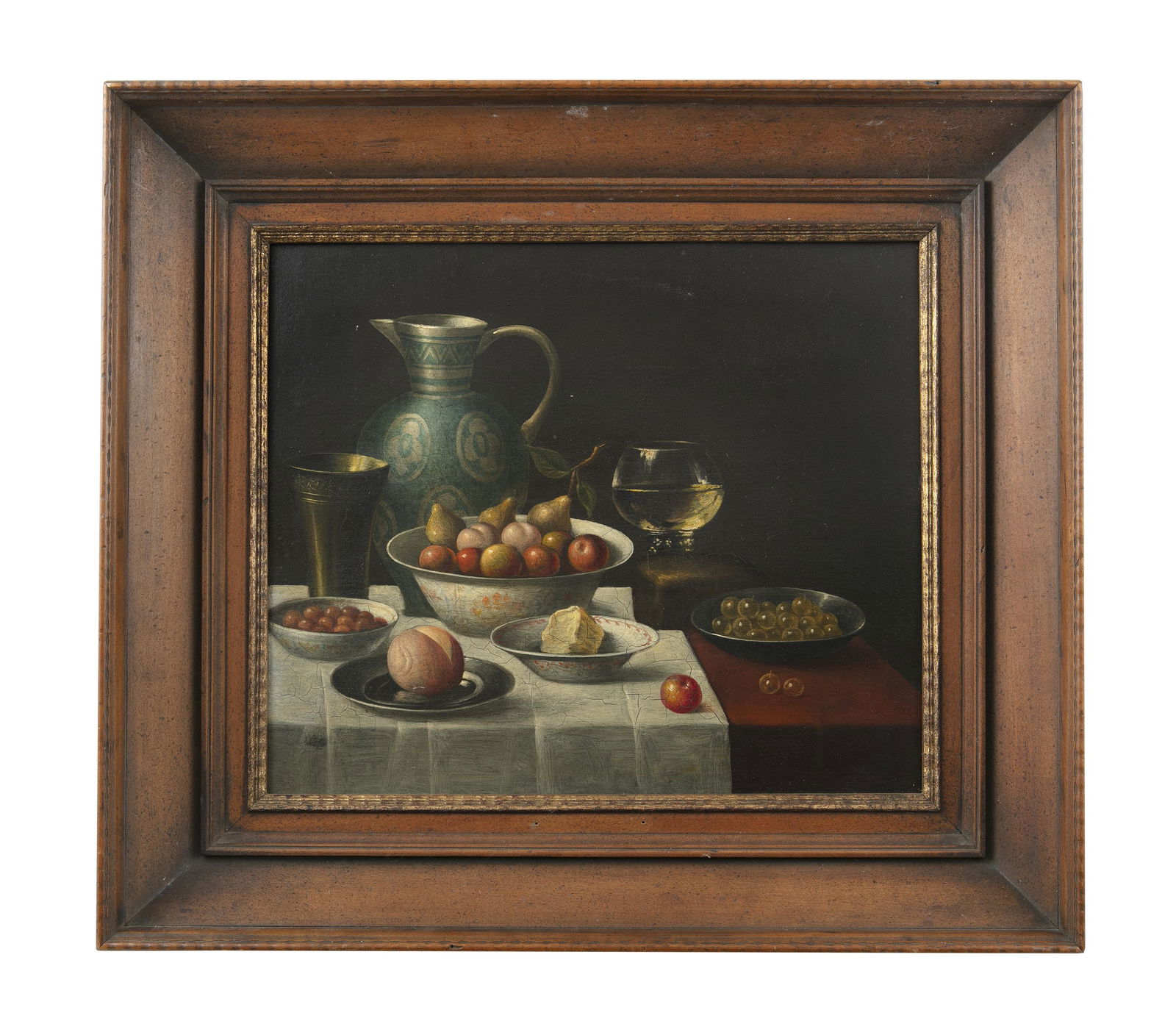 CONTINENTAL SCHOOL, 19TH CENTURY Still life with table of different fruits, a glass goblet of wine,: CONTINENTAL SCHOOL, 19TH CENTURY Still life with table of different fruits, a glass goblet of wine, brass cup and jug Oil on copper, 28 x 32cm