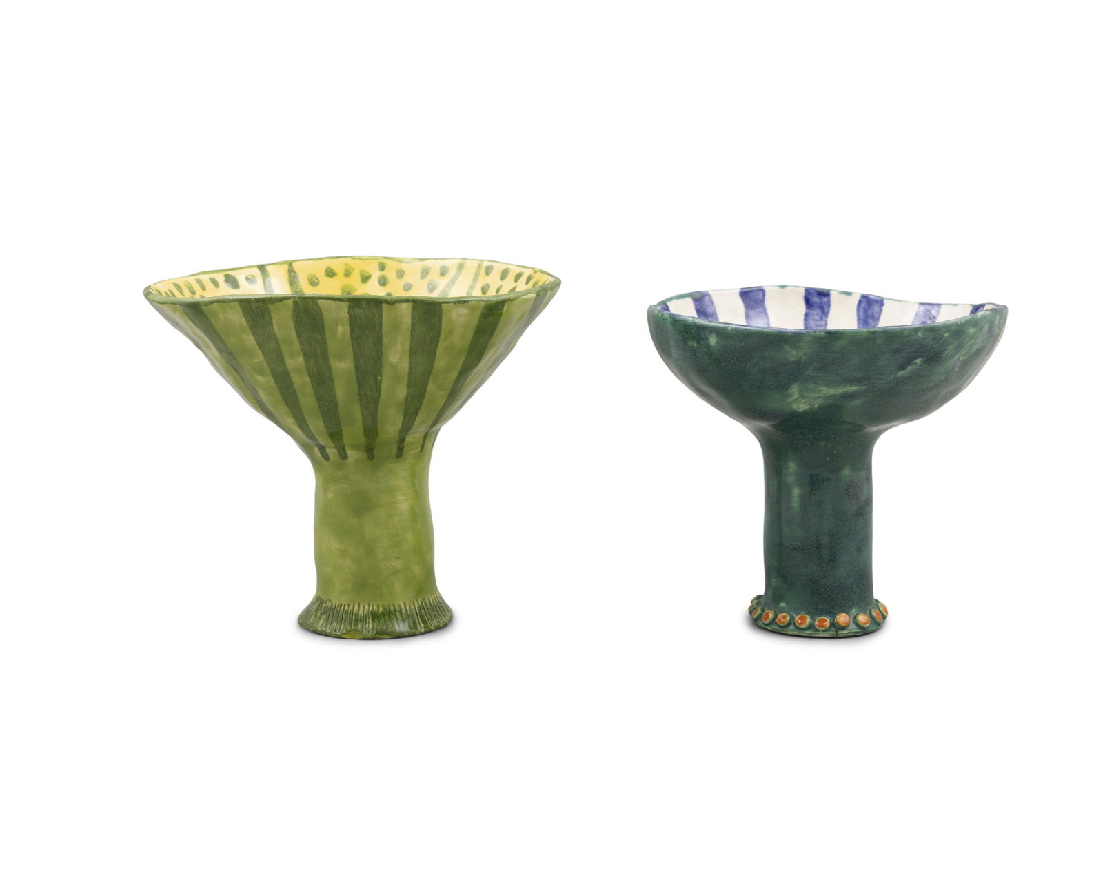 JOHN FFRENCH (1928 - 2010) Two ceramic hand painted Tazzas 15cm high, 17cm diameter, 14cm high, 15cm (1 of 4)