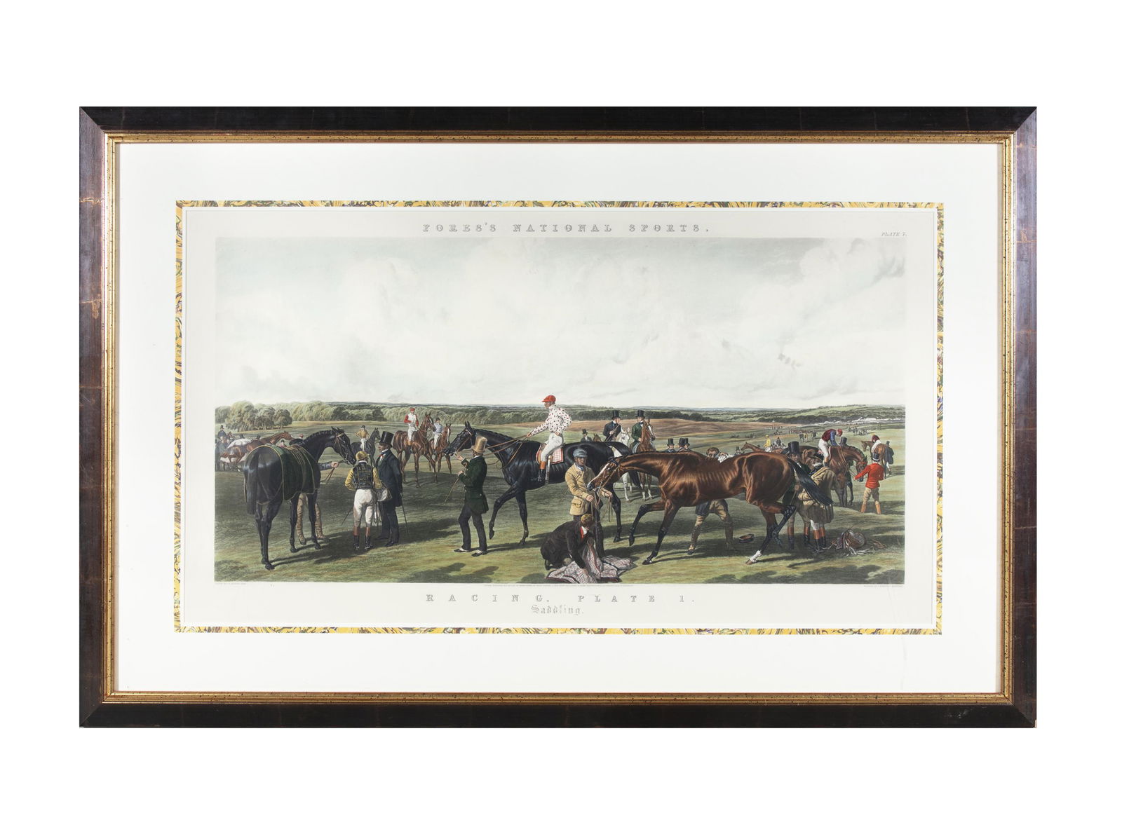 J. HARRIS AFTER J.F. HERRING 'Fores National Sports, Racing Plates 1 & 2, Saddling' Lithograph, 62 x: J. HARRIS AFTER J.F. HERRING 'Fores National Sports, Racing Plates 1 & 2, Saddling' Lithograph, 62 x 113cm