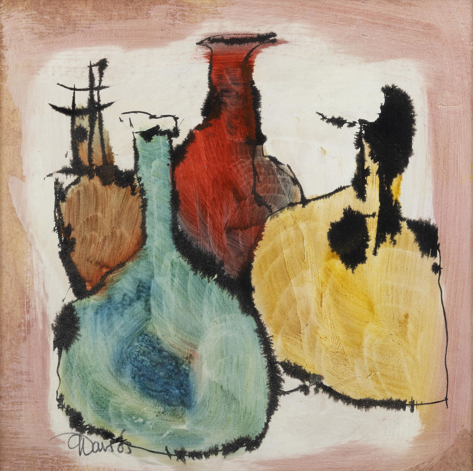 Gerald Davis (1938-2005) Bottles Mixed media, 21 x 21cm (8¼ x 8¼) Signed: Gerald Davis (1938-2005) Bottles Mixed media, 21 x 21cm (8¼ x 8¼) Signed