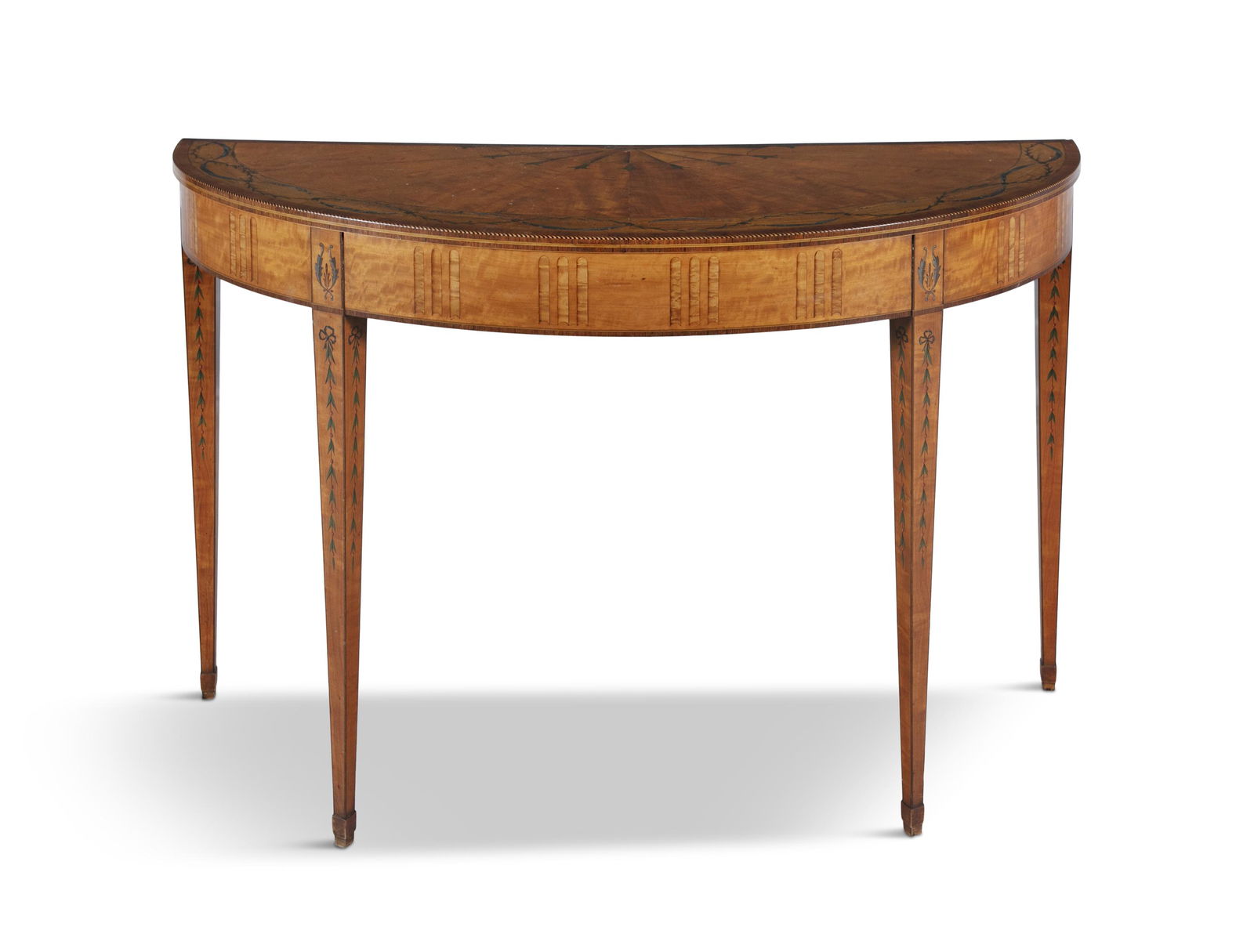 AN IRISH INLAID D-SHAPED SIDE TABLE, C. 1780 attributed to William Moore of Dublin, inlaid with: AN IRISH INLAID D-SHAPED SIDE TABLE, C. 1780 attributed to William Moore of Dublin, inlaid with satinwood, sycamore and other woods, the crossbanded fan-shaped top with a painted border of entwined ri