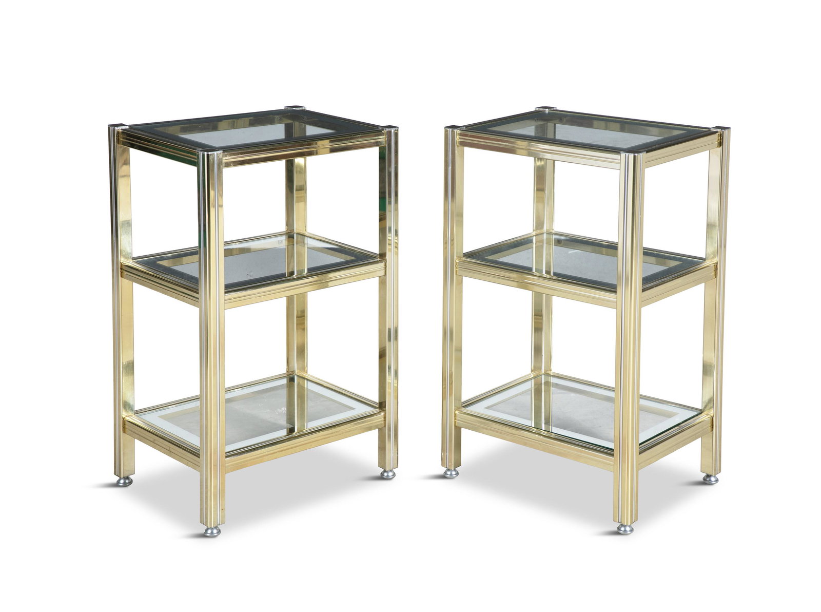 PIERRE VANDEL A pair of three-tier gilt metal and aluminium side tables attrib. to Pierre Vandel.: PIERRE VANDEL A pair of three-tier gilt metal and aluminium side tables attrib. to Pierre Vandel. France, c.1980. 44 x 34 x 73cm(h)