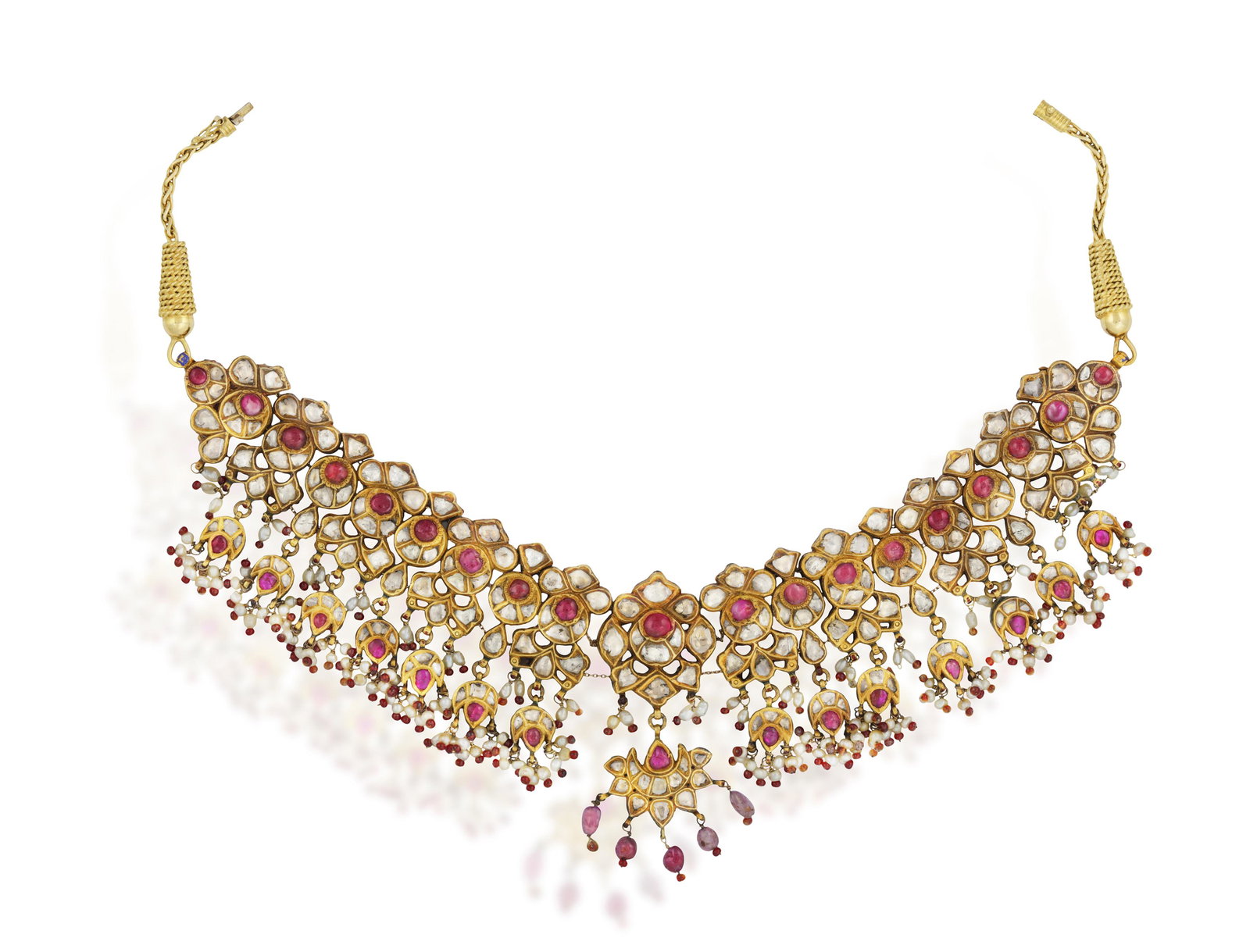 A LATE 19TH CENTURY INDIAN RUBY, DIAMOND AND PEARL NECKLACE  Composed of a series of foiled (1 of 5)