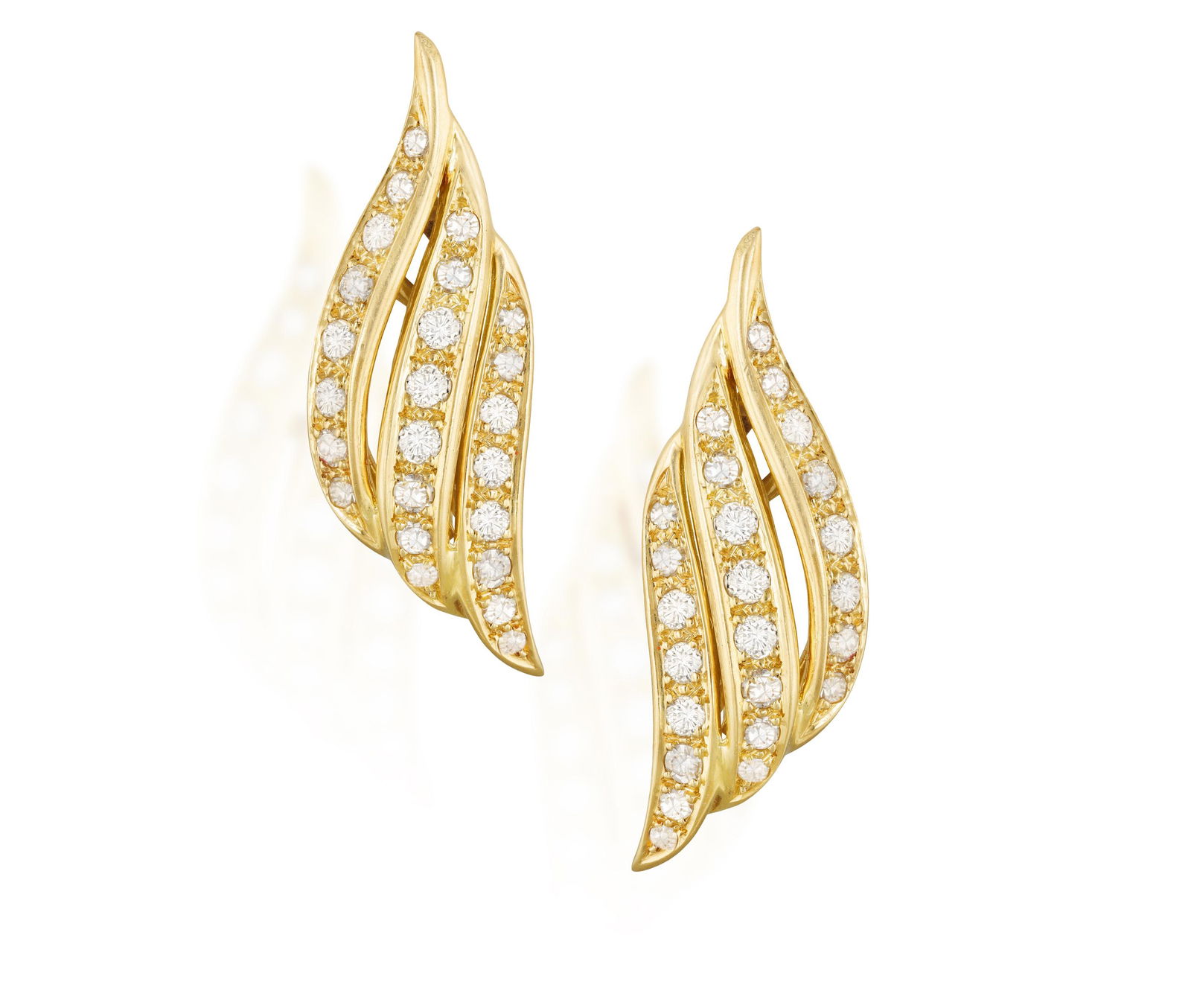 A PAIR OF DIAMOND EARRINGS, BY FRED PARIS  Of openwork leaf design, pavé-set with brilliant-cut (1 of 3)
