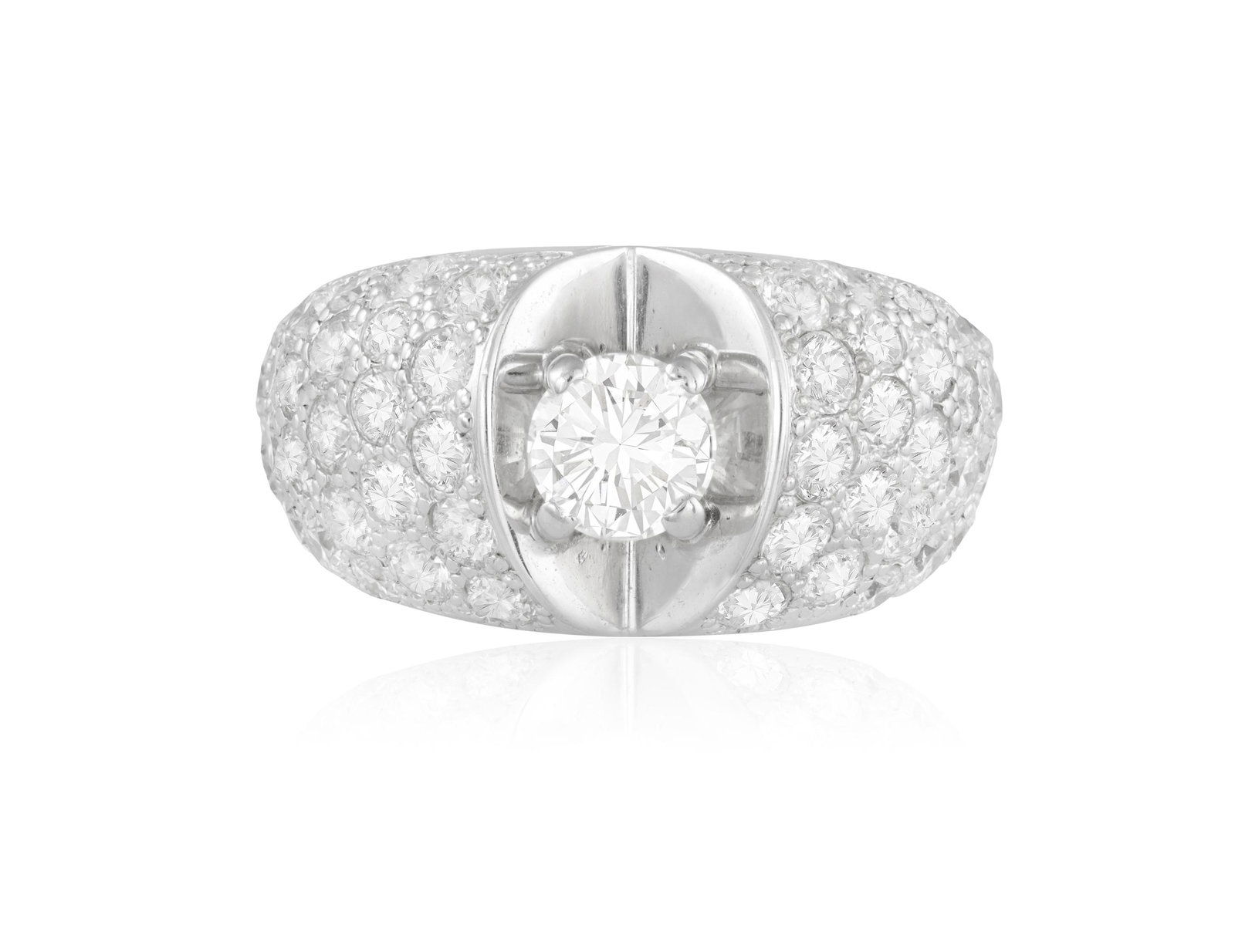 A DIAMOND DRESS RING, BY ESCADA The central brilliant-cut diamond between bombé shoulders: A DIAMOND DRESS RING, BY ESCADA The central brilliant-cut diamond between bombé shoulders pavé-set with brilliant-cut diamonds, mounted in 14K gold, signed Escada, diamonds approximately 3.5
