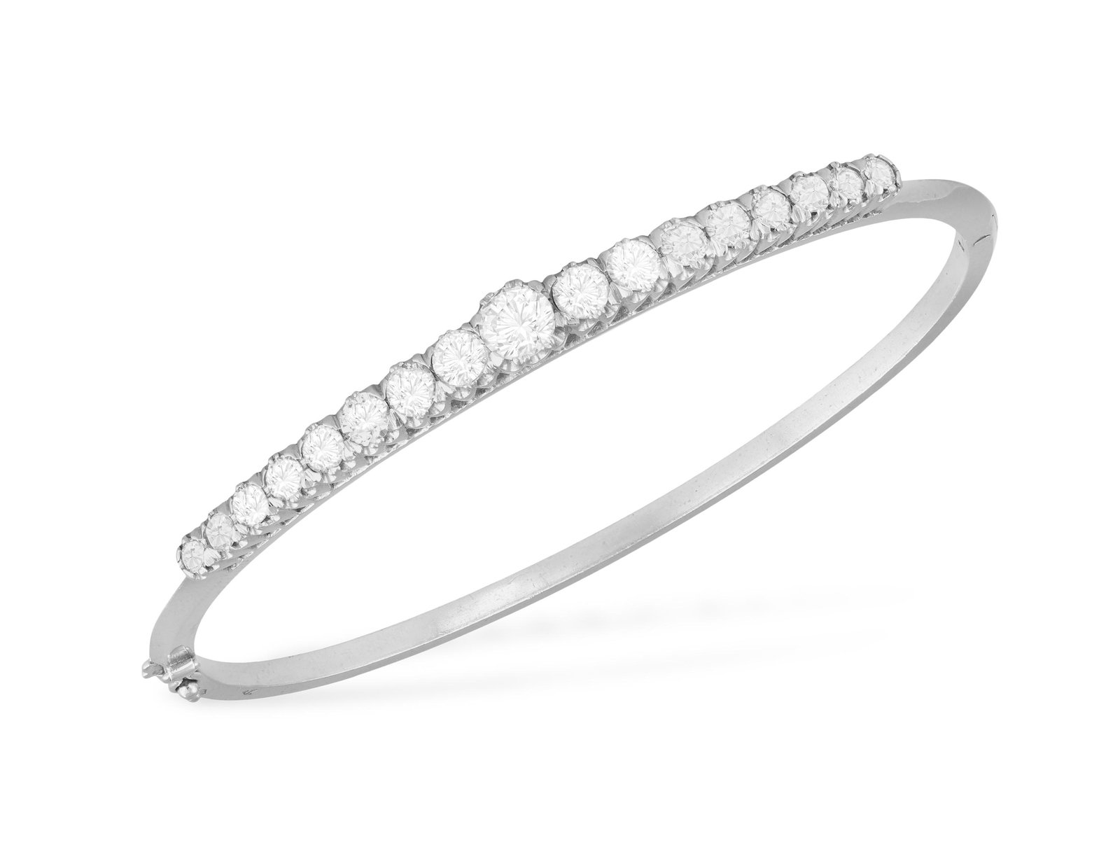 A DIAMOND BANGLE  The frontispiece set with a line of graduated brilliant-cut diamonds with hinged (1 of 2)