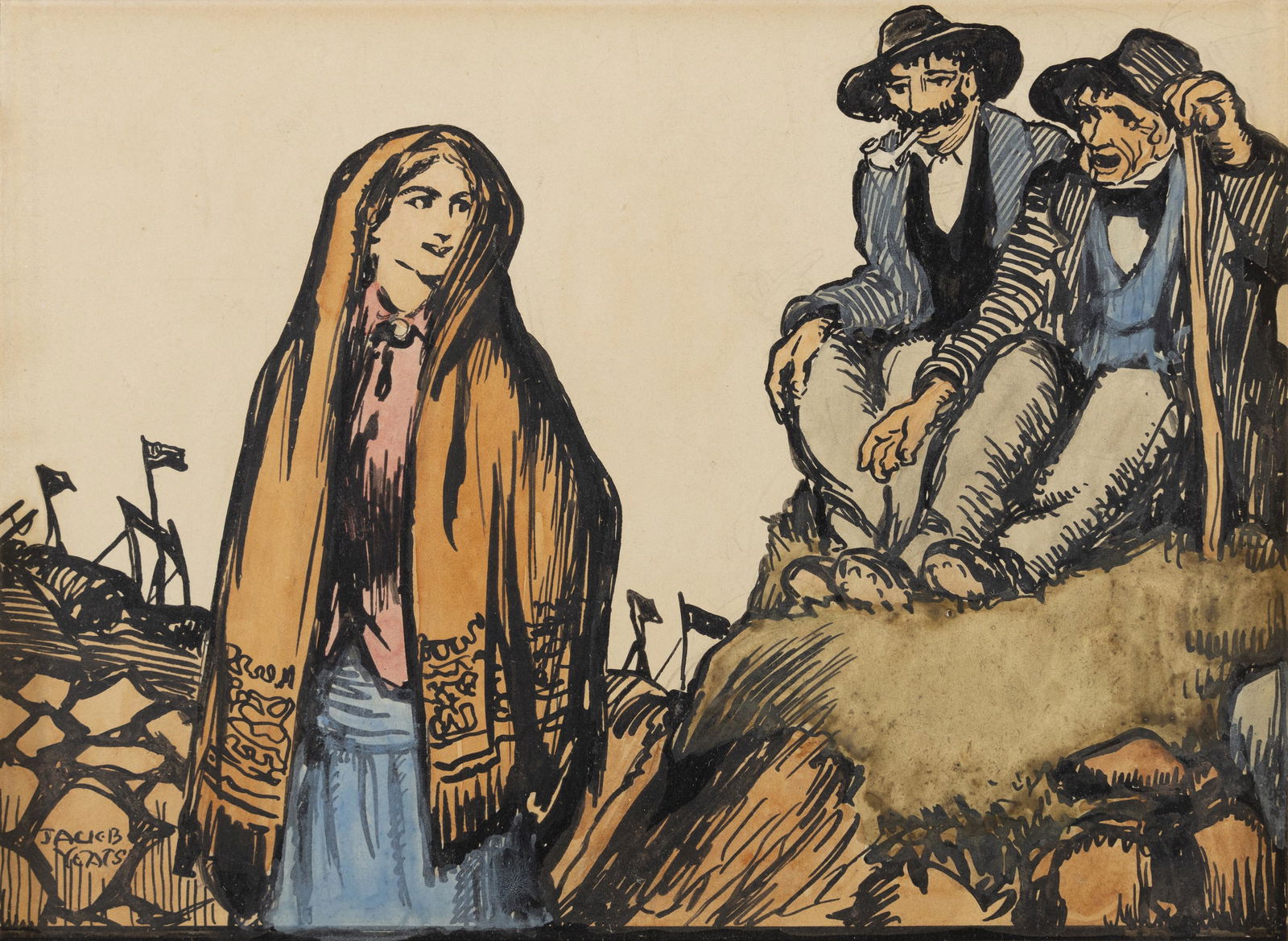 Jack Butler Yeats RHA (1871-1957) I Will Not Sit on the Grass, She Said Indian ink and watercolour,: Jack Butler Yeats RHA (1871-1957) I Will Not Sit on the Grass, She Said Indian ink and watercolour, 11.3 x 15cm (4½ x 6) Signed Provenance: With the Dawson Gallery, Dublin; Sale, Sotheby's London