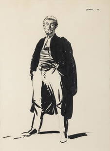 Sir William Orpen RA RHA RWS (1878-1931) The Barrister Brush and Indian ink over pencil, 49.5 x: Sir William Orpen RA RHA RWS (1878-1931) The Barrister Brush and Indian ink over pencil, 49.5 x 37.8cm (19½ x 14⅞) Signed and dated (19)'18 Provenance: With Spink, King St. London, label ve