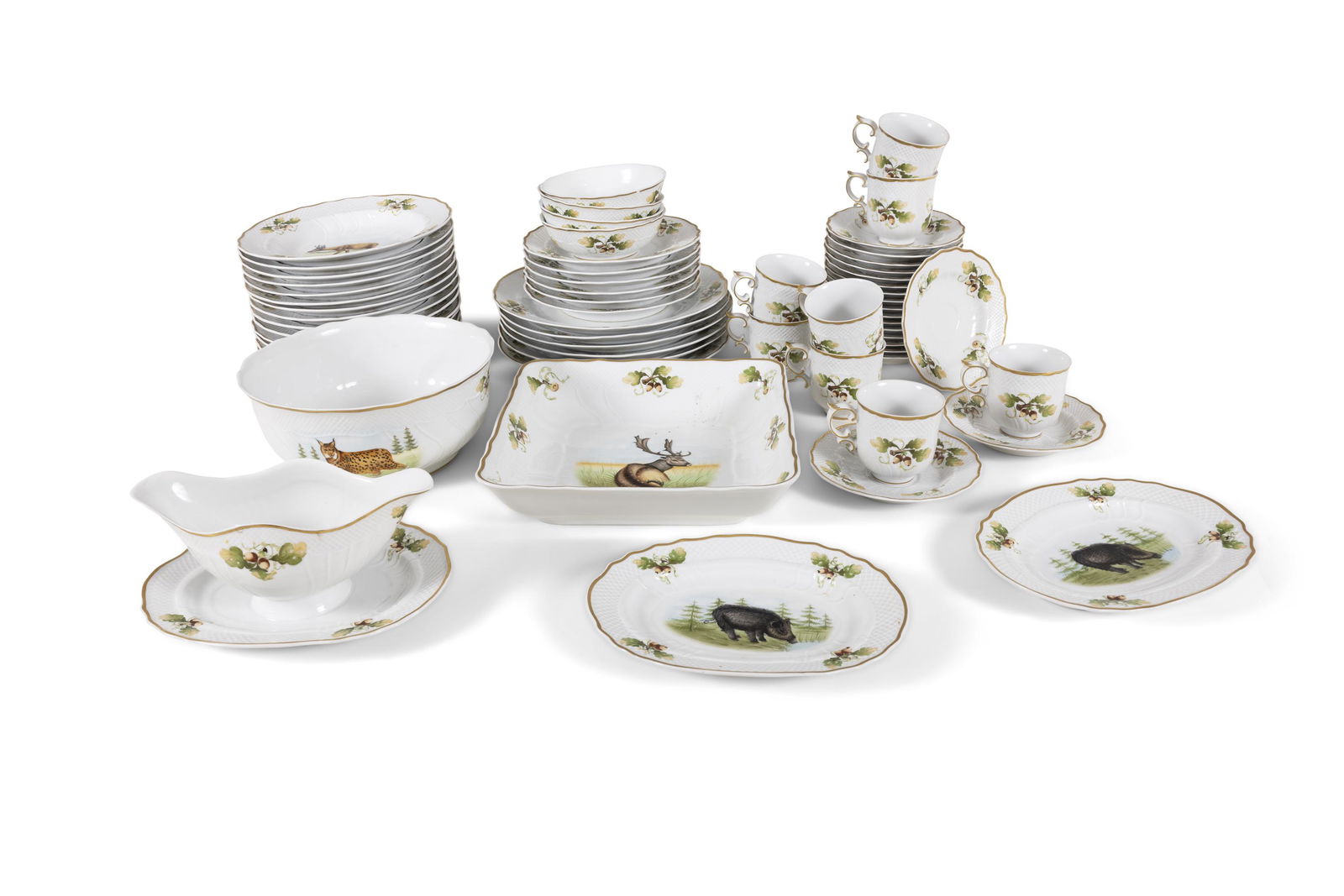 A MODERN HUNGARIAN HAND-PAINTED PORCELAIN PART SERVICE   hand painted with wild animals and with (1 of 3)