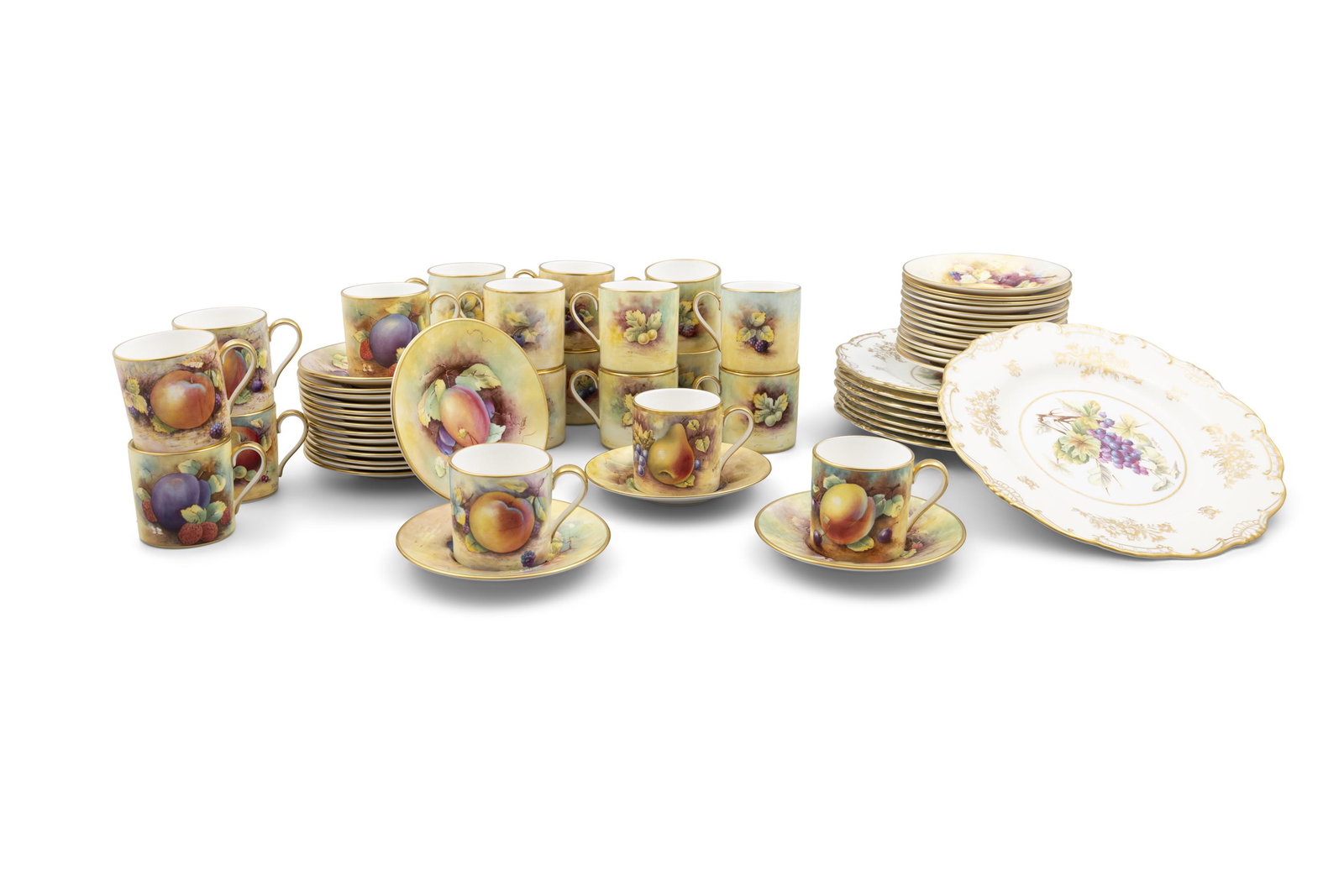 A LARGE COLLECTION OF MODERN MINTON’S HAND PAINTED PORCELAIN COFFEE CUPS AND SAUCERS: A LARGE COLLECTION OF MODERN MINTON’S HAND PAINTED PORCELAIN COFFEE CUPS AND SAUCERS variously decorated with gilded rims and fruit signed W. G. Boulton, W. R. Tipton, B Turnstall etc., (36 cups
