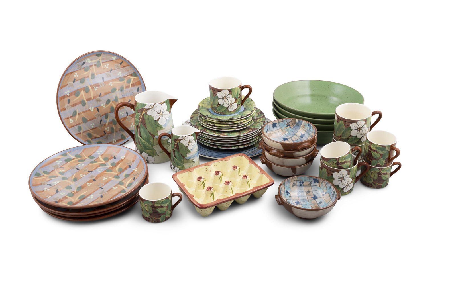 A COLLECTION COMPRISING A SIX PLACE SETTING OF GIEN ‘EVASION’ PATTERN TEA SERVICE –: A COLLECTION COMPRISING A SIX PLACE SETTING OF GIEN ‘EVASION’ PATTERN TEA SERVICE – two sizes of plates serving plate, two sizes of cups, milk jugs and cream jug and sugar bowl and a
