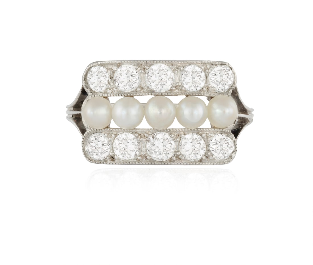 A BELLE EPOQUE PEARL AND DIAMOND DRESS RING  The central row set with five seed pearls between old E (1 of 6)