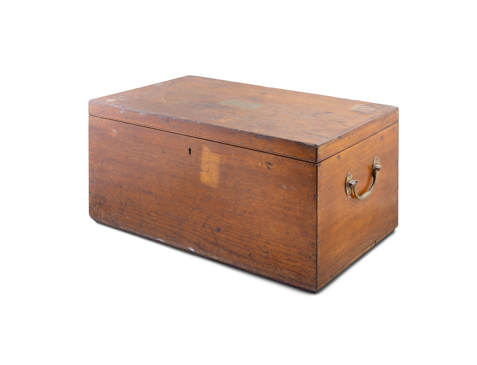 A 19TH CENTURY OAK CANTEEN CHEST, with brass plaque inscribed 'Robert Craiq Esq' and brass side: A 19TH CENTURY OAK CANTEEN CHEST, with brass plaque inscribed 'Robert Craiq Esq' and brass side carrying handles, the interior with label of 'Goldsmiths & Silversmiths Company, 112 Regent Street, Lond