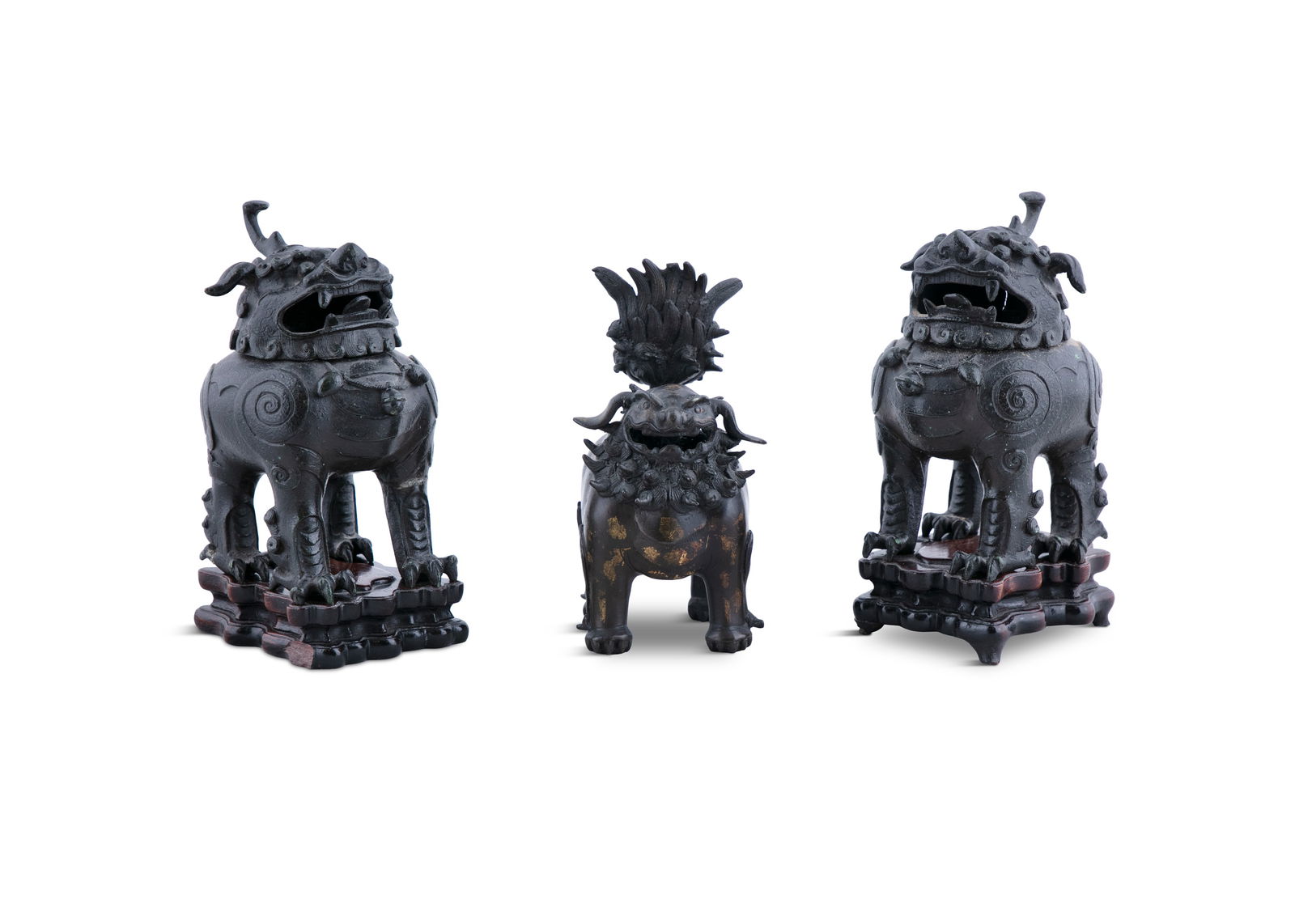 A PAIR OF CHINESE BRONZE 'LOUDOUN' INCENSE BURNERS, QING DYNASTY   each modelled standing on fitted (1 of 1)