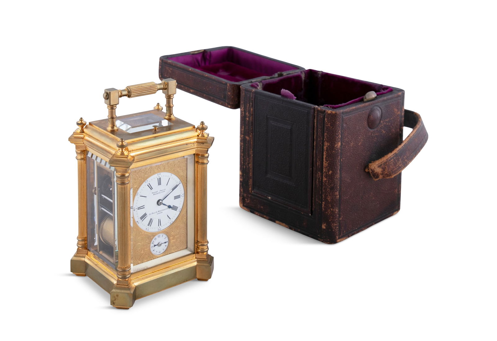 A FRENCH GILT BRASS TRAVELLING CARRIAGE CLOCK, 19TH CENTURY,  signed Henri Jacot, Medaille d'Or, 31 (1 of 6)