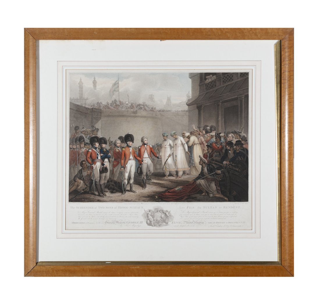 AFTER HENRY SINGLETON The Surrender of Two Sons of Tippo Sultan Colour printed aquatint by Cardon,: AFTER HENRY SINGLETON The Surrender of Two Sons of Tippo Sultan Colour printed aquatint by Cardon, 57.5 x 67cm Published London, 1802 by Cardon, n.31 Clipstone Steet, Fitzroy Square, with engraved mar