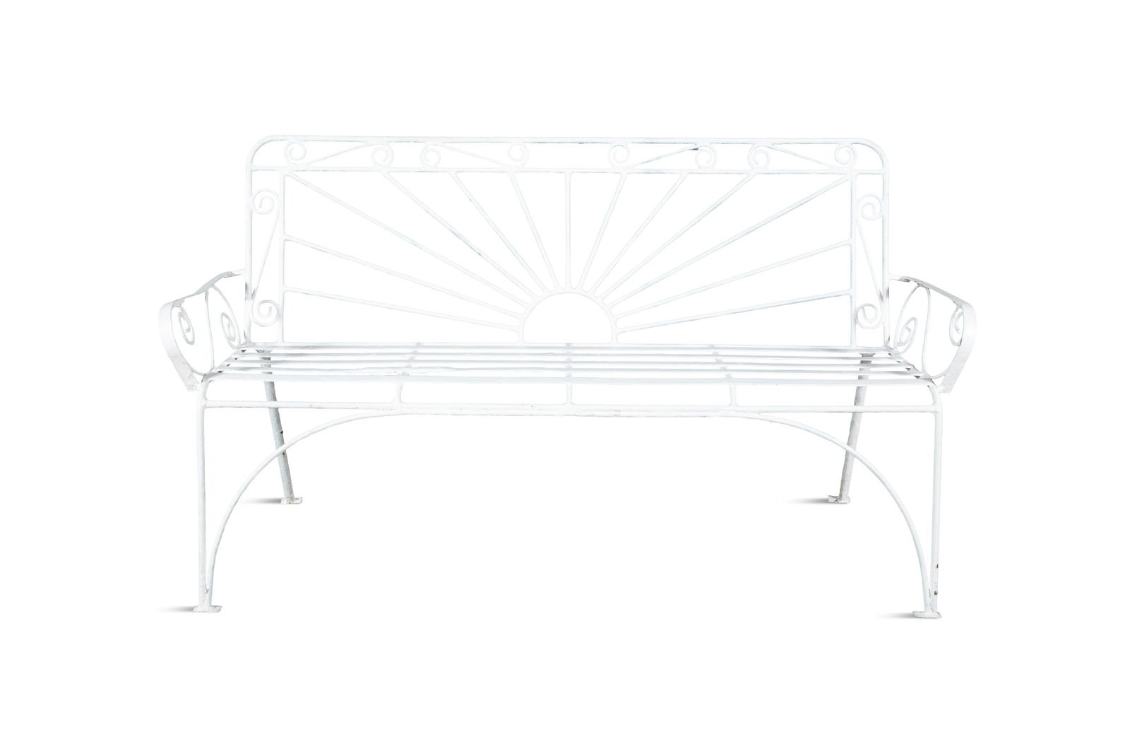 A WHITE PAINTED WIREWORK GARDEN BENCH, the rectangular sun-burst open back with scroll border and: A WHITE PAINTED WIREWORK GARDEN BENCH, the rectangular sun-burst open back with scroll border and armrests, above strapwork seat, raised on slender legs. 155cm wide