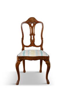 A DUTCH MARQUETRY AND WALNUT SPLAT BACK CHAIR, 18TH CENTURY, the frame decorated with a bird: A DUTCH MARQUETRY AND WALNUT SPLAT BACK CHAIR, 18TH CENTURY, the frame decorated with a bird cresting and floral inlay, with drop-in seat upholstered in striped fabric, raised on cabriole legs and hoo