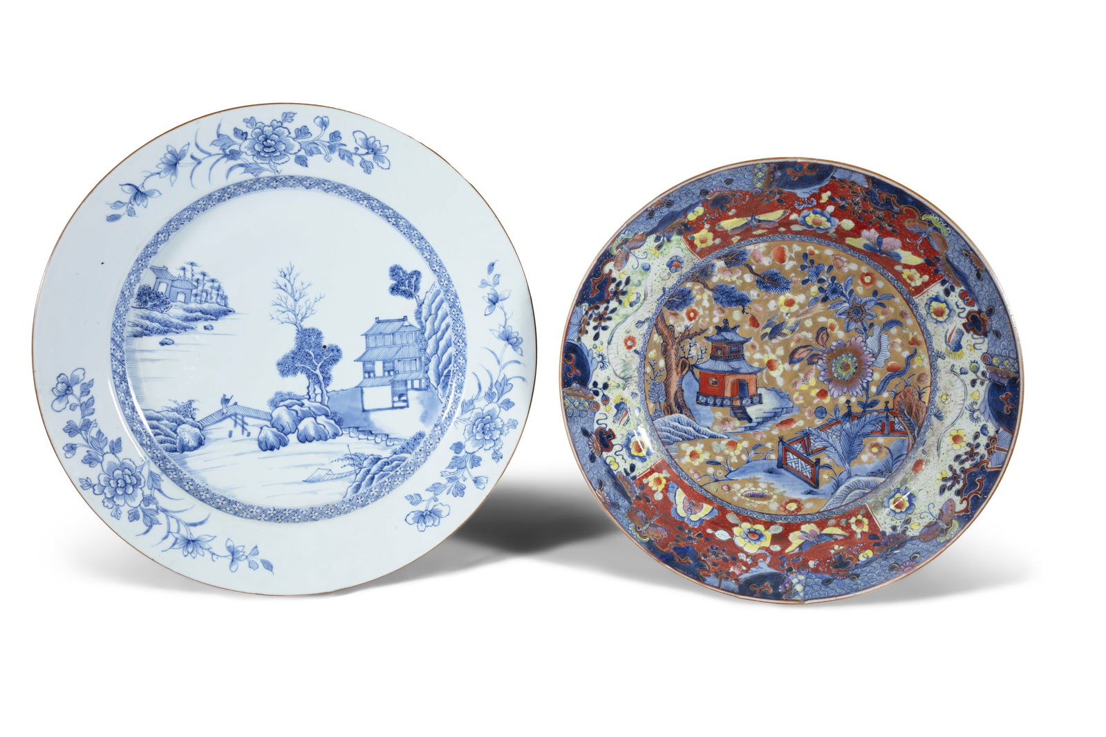 A LARGE CHINESE BLUE AND WHITE CHARGER, QIANLONG 18TH CENTURY,   of circular shape decorated with (1 of 3)