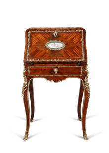 A LOUIS XV KINGWOOD, SATINWOOD AND TULIPWOOD MARQUETRY BUREAU BY PIERRE MIGEON II (MAITRE EN 1763),: A LOUIS XV KINGWOOD, SATINWOOD AND TULIPWOOD MARQUETRY BUREAU BY PIERRE MIGEON II (MAITRE EN 1763), the fall front with later Sevres porcelain plaque, enclosing a well-fitted interior, the entire deco
