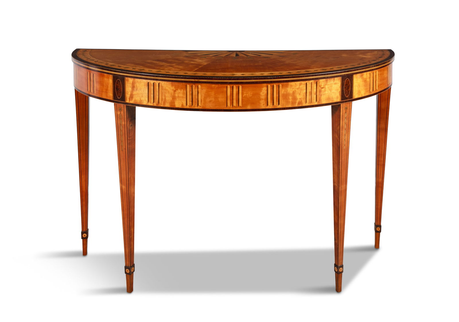 AN IRISH ROSEWOOD BANDED AND SYCAMORE VENEERED D-SHAPED PIER TABLE, C.1780 ATTRIBUTED TO WILLIAM MOO: AN IRISH ROSEWOOD BANDED AND SYCAMORE VENEERED D-SHAPED PIER TABLE, C.1780 ATTRIBUTED TO WILLIAM MOORE OF DUBLIN, the fan inlaid top radiating from a half-paterae, and with a satinwood banding filled