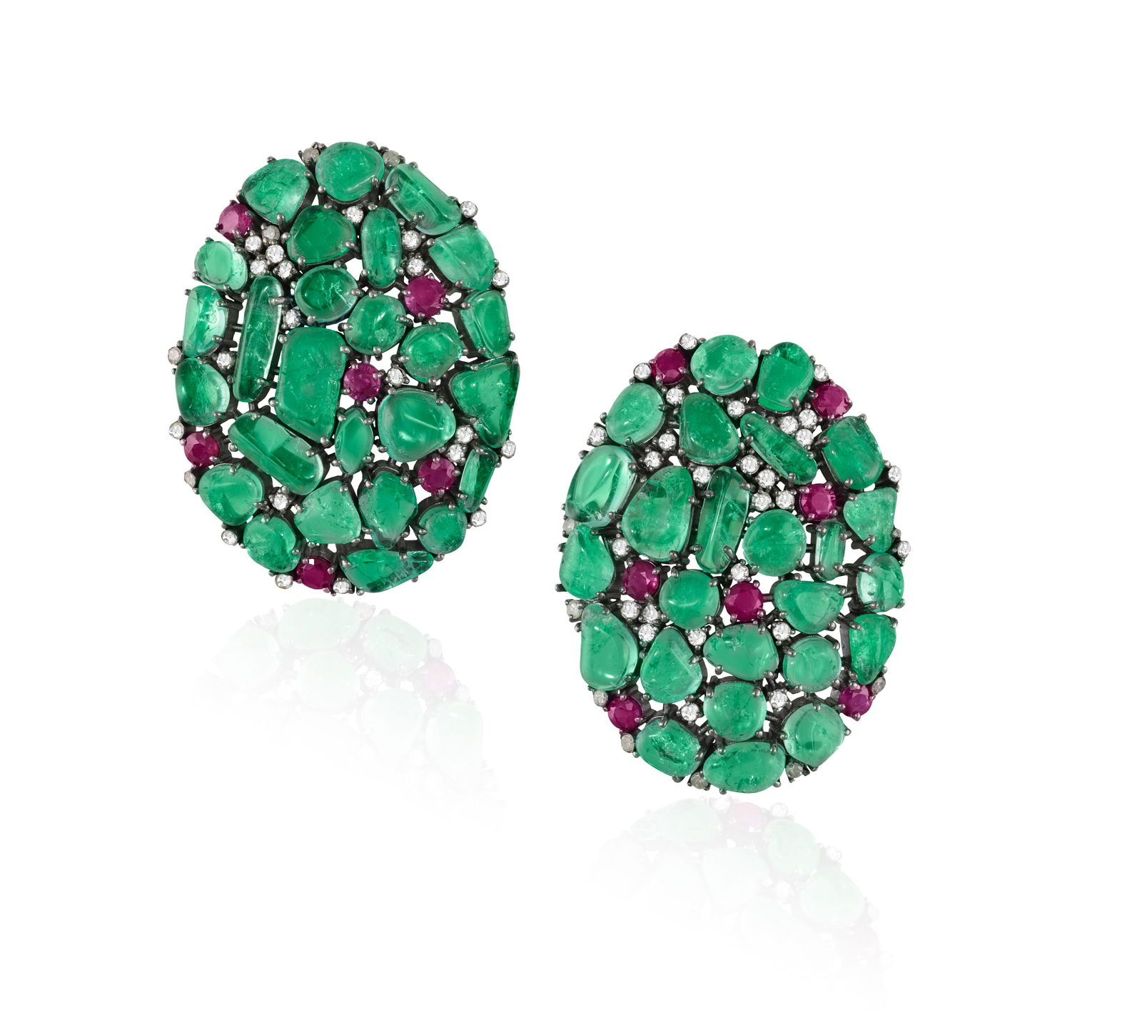 A PAIR OF 14CT GOLD, EMERALD, RUBY AND DIAMOND EARRINGS Of oval form set with cabochon-cut emeralds: A PAIR OF 14CT GOLD, EMERALD, RUBY AND DIAMOND EARRINGS Of oval form set with cabochon-cut emeralds, round, mixed-cut rubies and single-cut diamonds, in an abstract design, with post fittings, total l