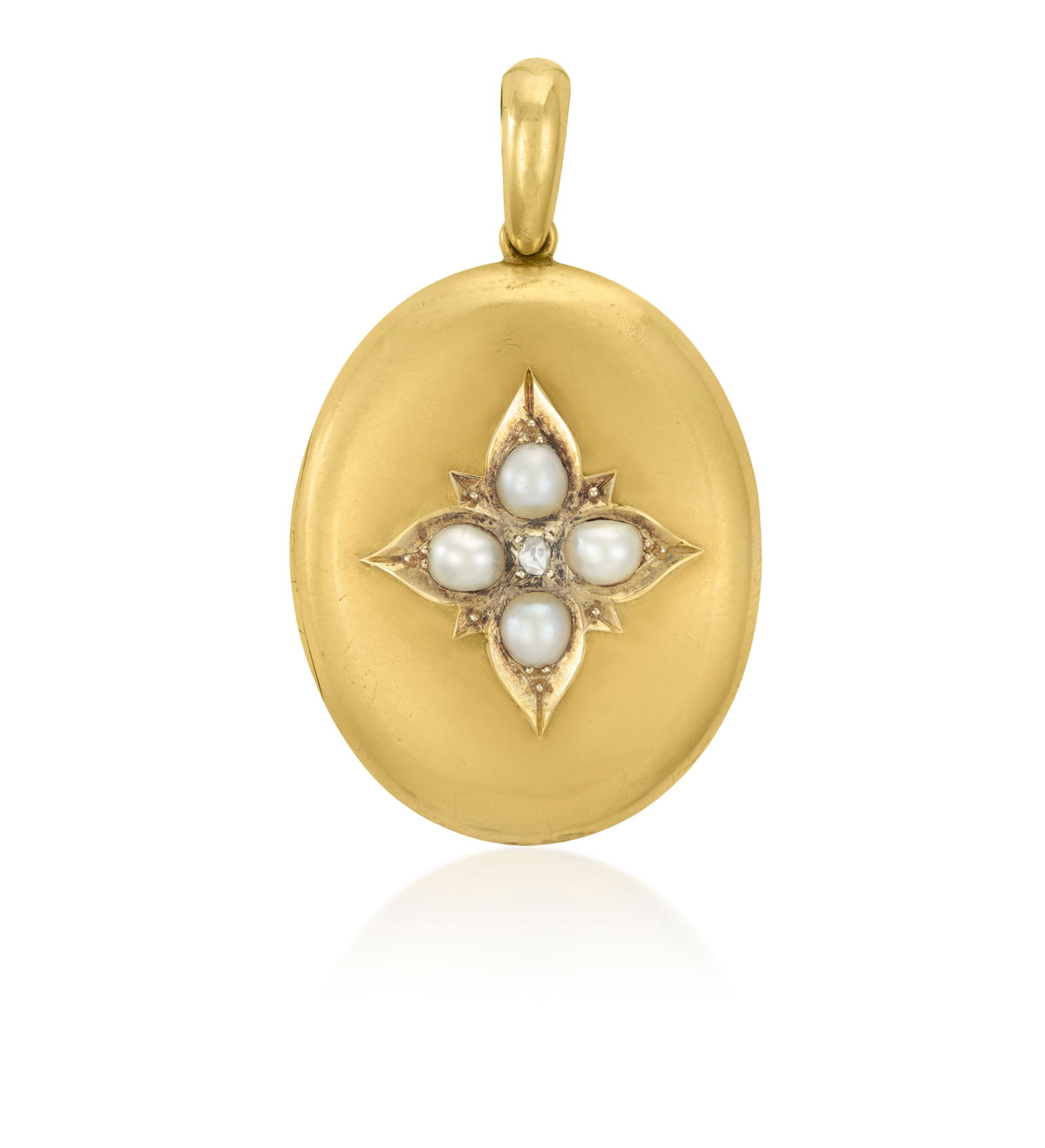 A VICTORIAN GOLD, PEARL AND DIAMOND-SET PENDANT/LOCKET  The oval gold hinged locket pendant applied  (1 of 5)