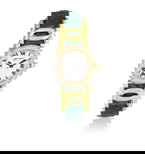A LADY'S 18K GOLD AND DIAMOND-SET 'ELLIPSE D'OR' WRISTWATCH, BY PATEK PHILIPPE, CIRCA 2000 6-jewel: A LADY'S 18K GOLD AND DIAMOND-SET 'ELLIPSE D'OR' WRISTWATCH, BY PATEK PHILIPPE, CIRCA 2000 6-jewel Cal-E15 quartz movement, the white dial with Roman numerals and black sword hands, the bezel pavé