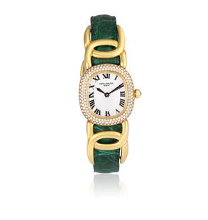 A LADY'S 18K GOLD AND DIAMOND-SET 'ELLIPSE D'OR' WRISTWATCH, BY PATEK PHILIPPE, CIRCA 2000 6-jewel : A LADY'S 18K GOLD AND DIAMOND-SET 'ELLIPSE D'OR' WRISTWATCH, BY PATEK PHILIPPE, CIRCA 2000 6-jewel Cal-E15 quartz movement, the white dial with Roman numerals and black sword hands, the bezel