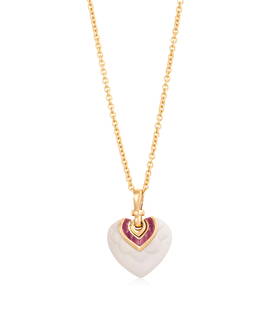 A RUBY AND CERAMIC 'CHANDRA' PENDANT ON CHAIN, BY BULGARI The heart-shaped white ceramic pendant: A RUBY AND CERAMIC 'CHANDRA' PENDANT ON CHAIN, BY BULGARI The heart-shaped white ceramic pendant decorated with calibré-cut ruby collar, suspending from a cable-link chain, mounted in 18K gold, s