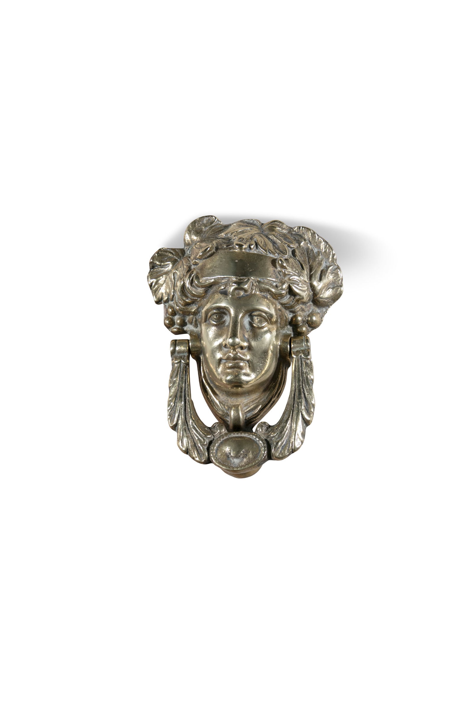 A GEORGIAN STYLE BRASS DOOR KNOCKER  cast as a classical female mask with leafy swing handle, 19 x (1 of 1)